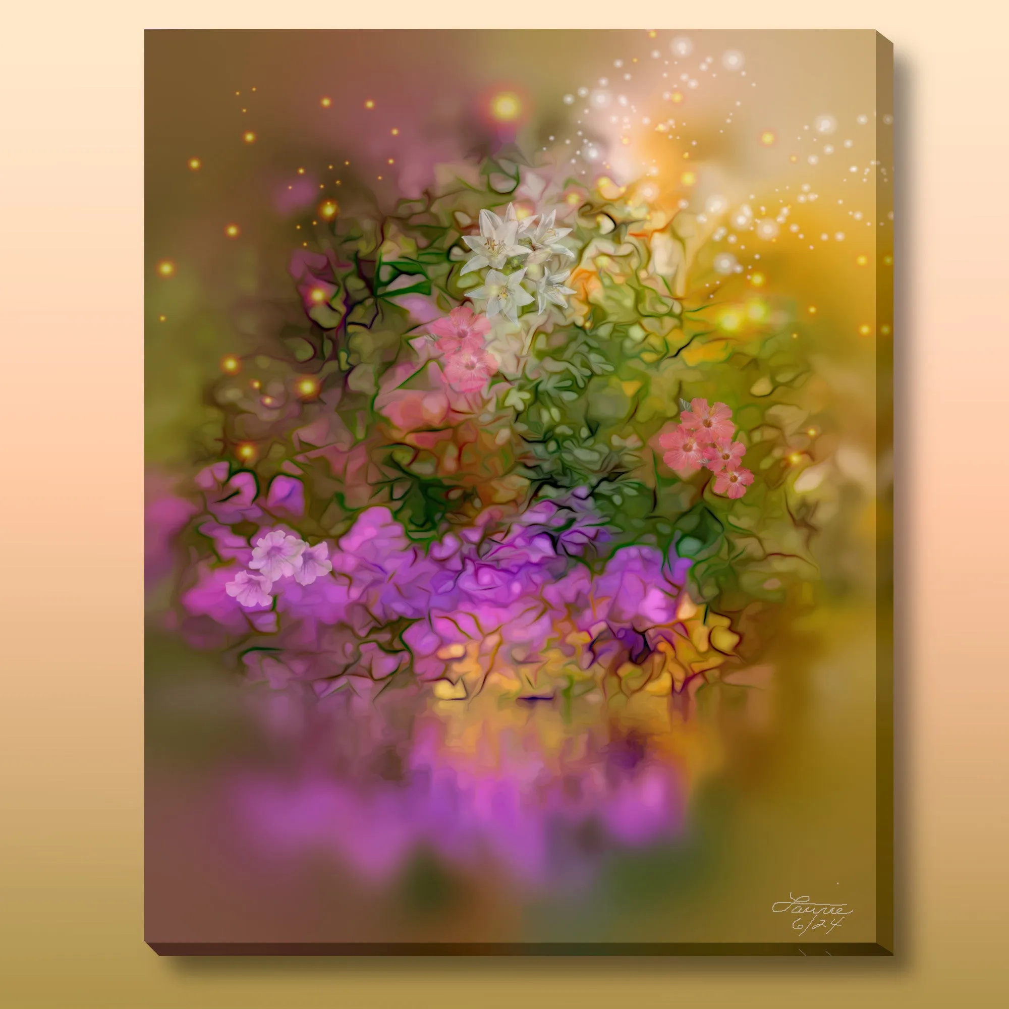 Impressionist Floral Abstract Art Print in Warm Colors, Flowers Reflecting in Water - "Sunset Serenade"