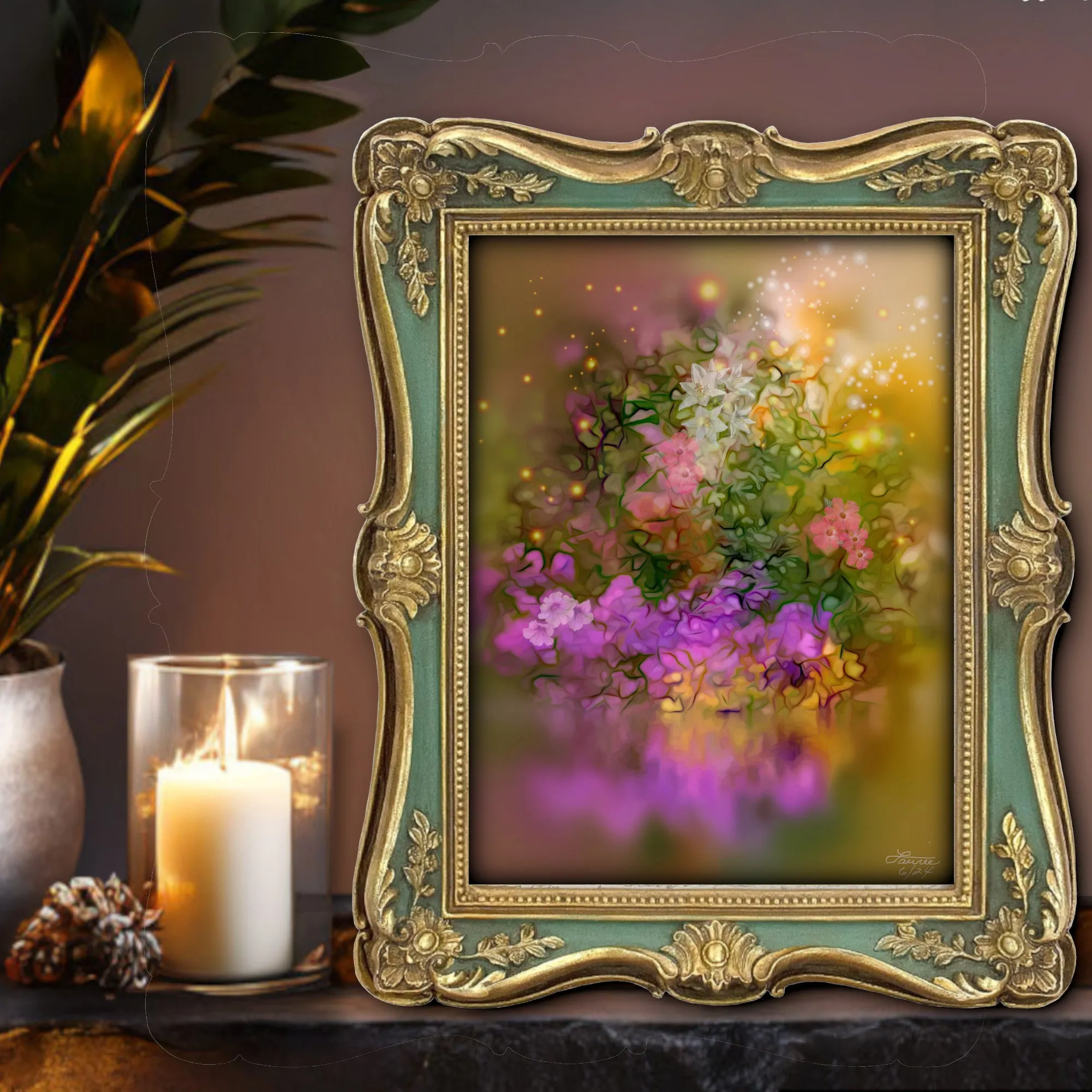 Impressionist Floral Abstract Art Print in Warm Colors, Flowers Reflecting in Water - "Sunset Serenade"