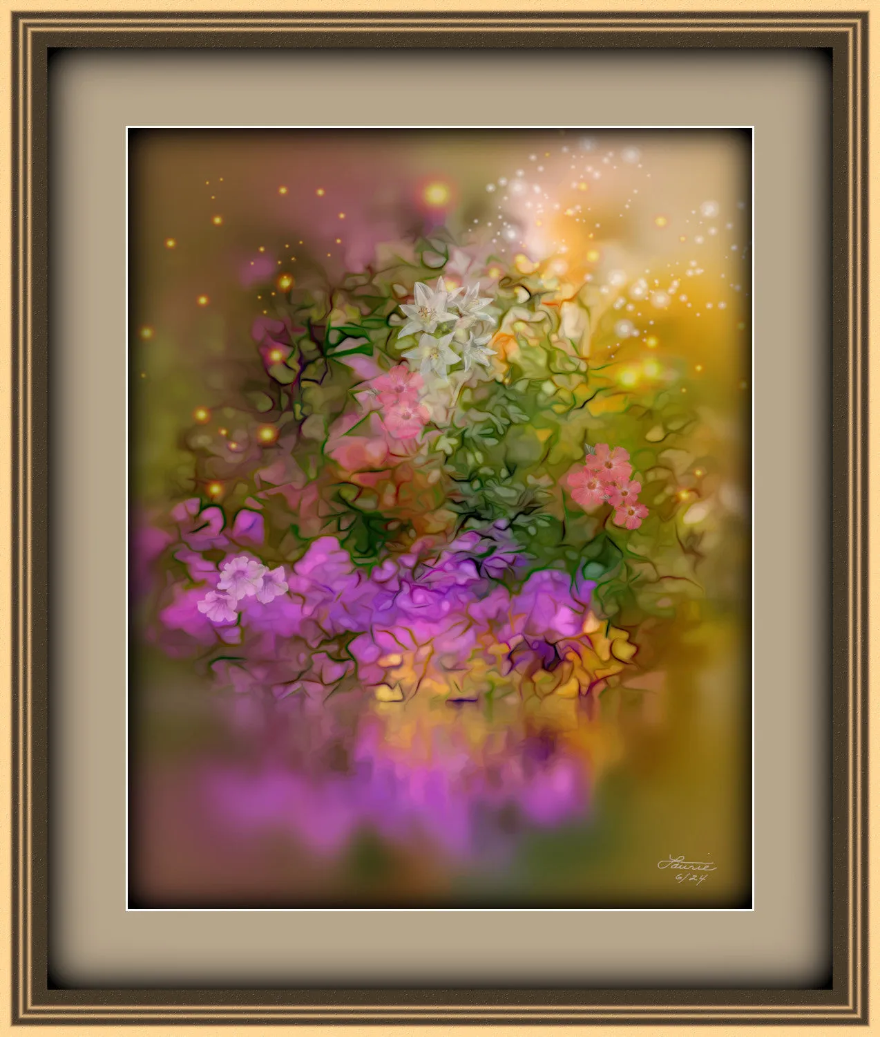 Impressionist Floral Abstract Art Print in Warm Colors, Flowers Reflecting in Water - "Sunset Serenade"