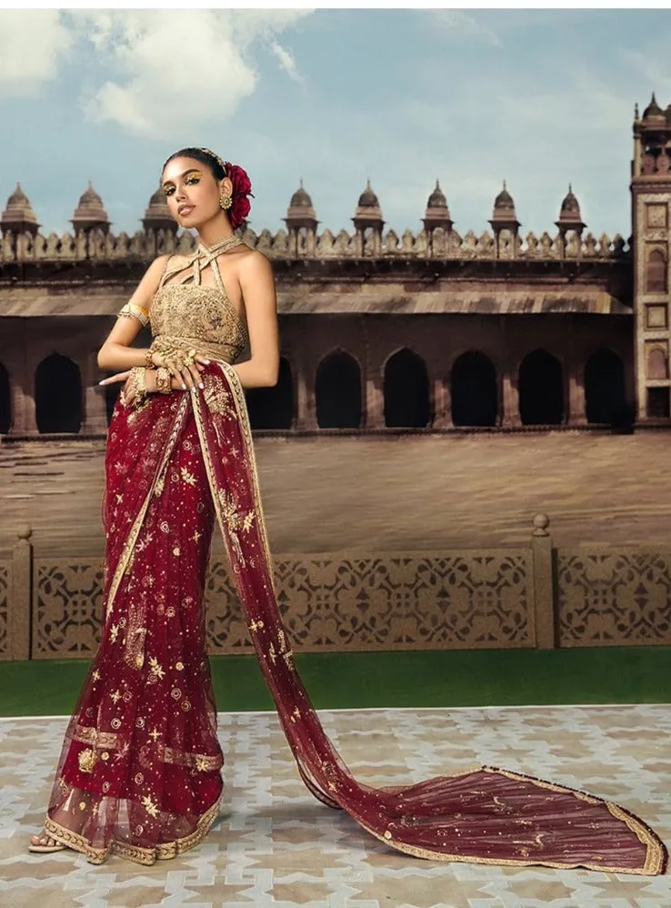 Indian Saree in Dark Red Color with Blouse for Bride