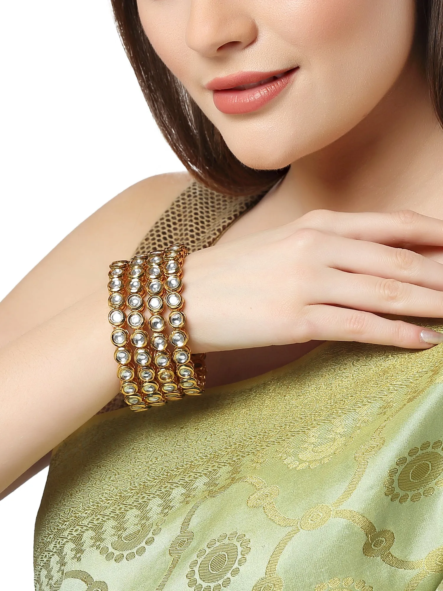 Karatcart Set of 4 Antique Gold Plated Round Polki Kundan Rajwadi Bangles for Women