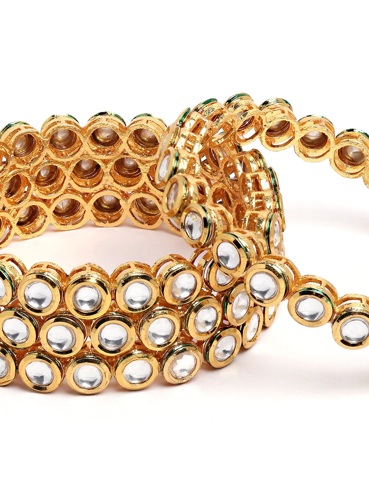 Karatcart Set of 4 Antique Gold Plated Round Polki Kundan Rajwadi Bangles for Women