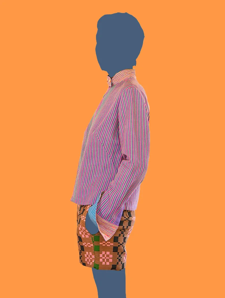 Lavender Linen and Cotton Shirt with Colored Stitched Stripes.