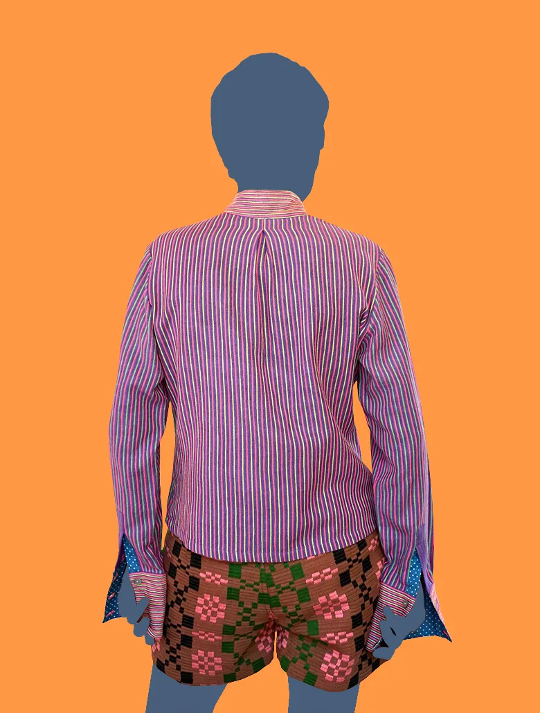 Lavender Linen and Cotton Shirt with Colored Stitched Stripes.