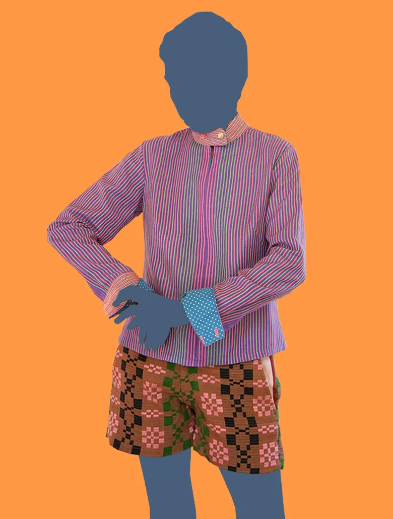 Lavender Linen and Cotton Shirt with Colored Stitched Stripes.
