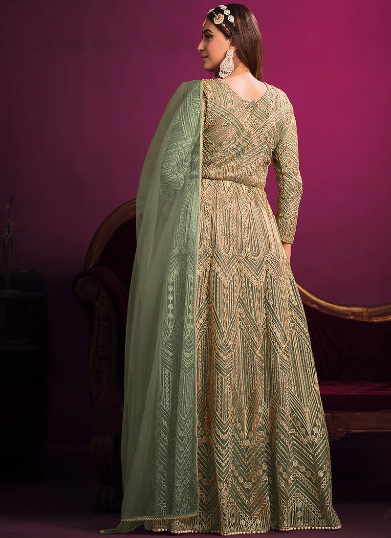 Light Green Embroidery Slit Style Anarkali Pant Suit