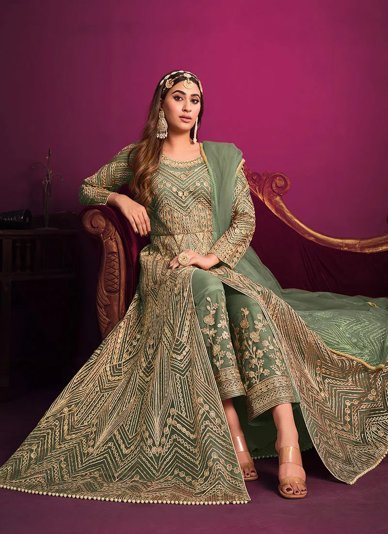 Light Green Embroidery Slit Style Anarkali Pant Suit