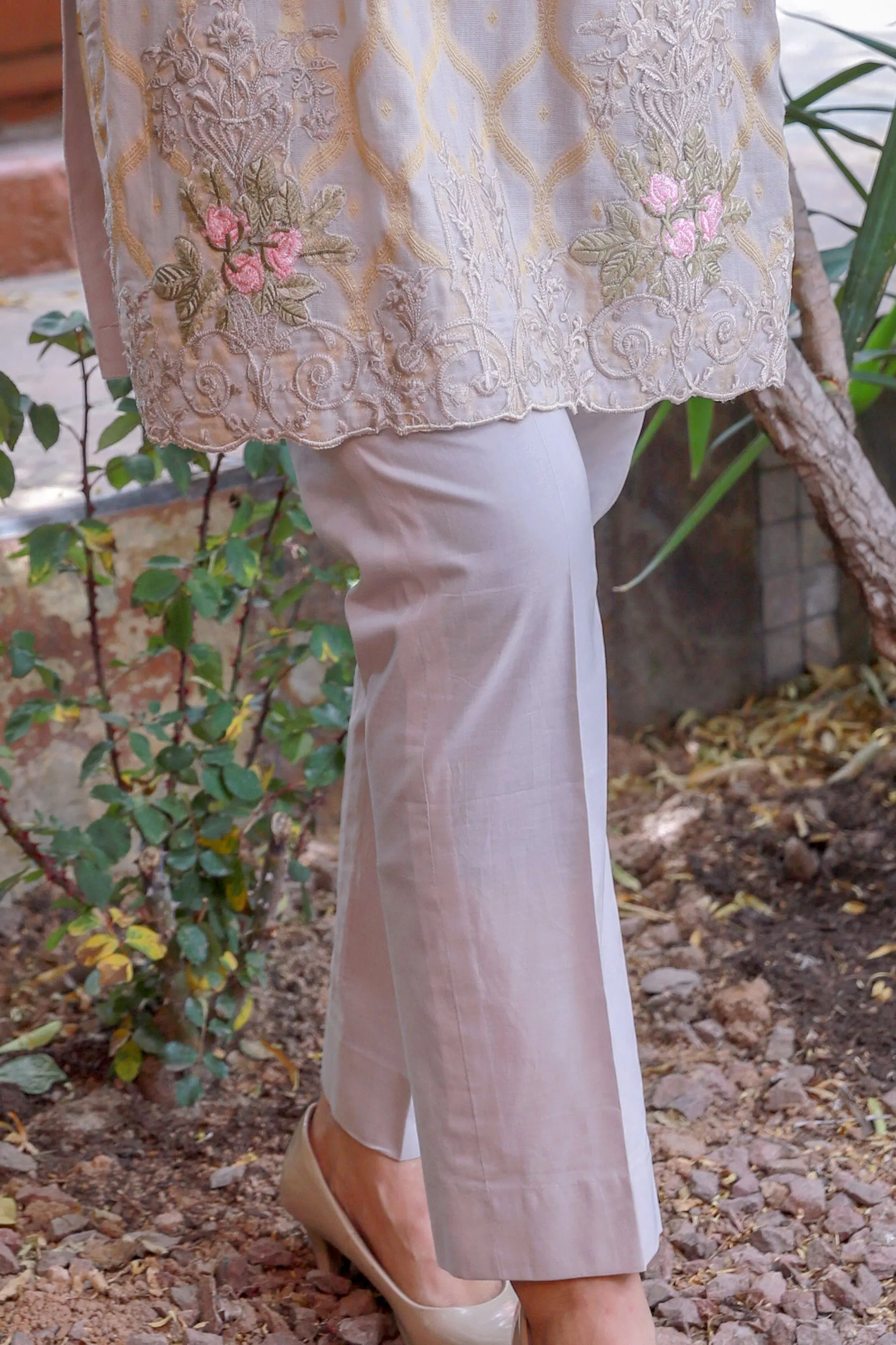 Light Pink Brocade Embroidery Salwar Kameez Suit - Chiffon Shawl