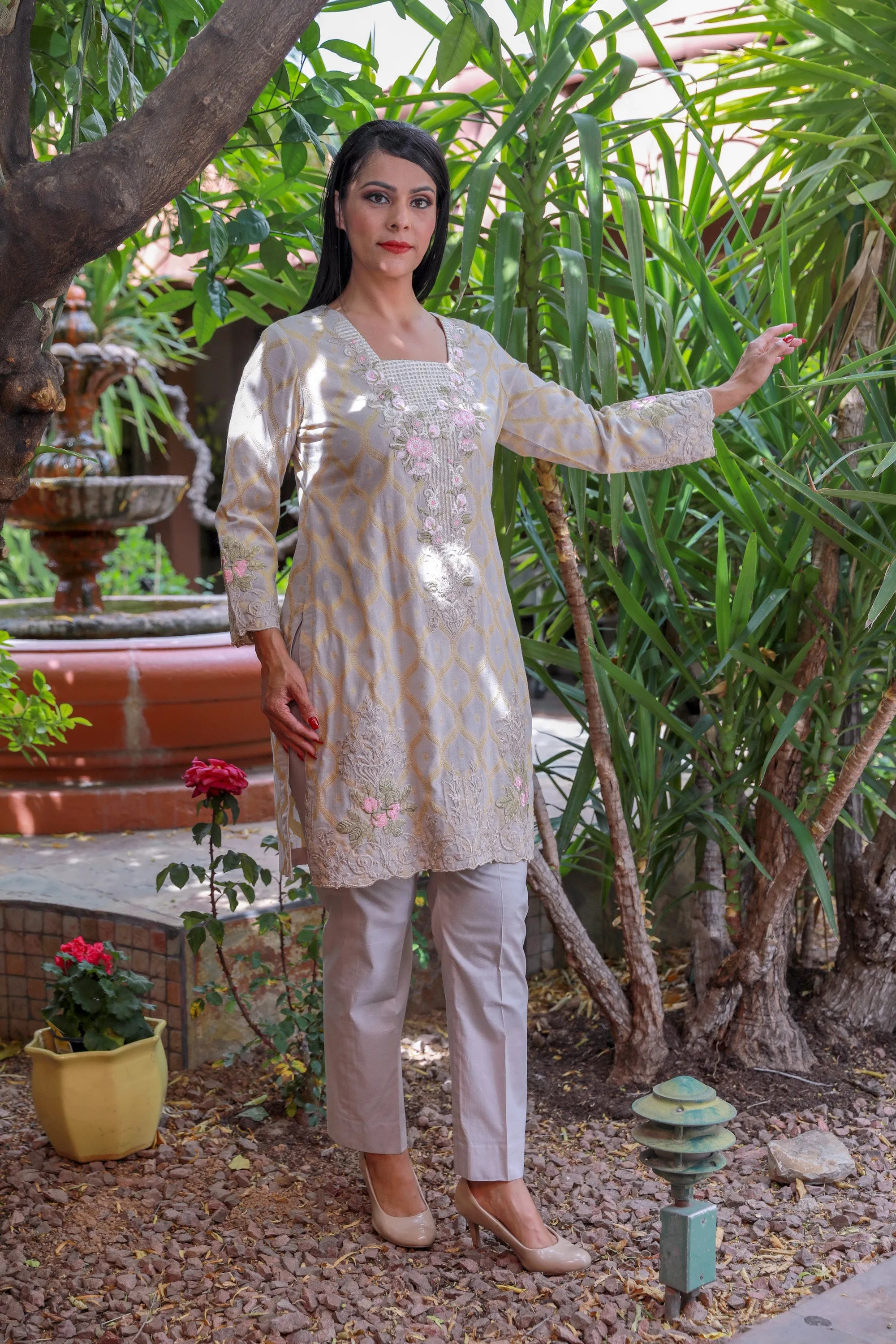 Light Pink Brocade Embroidery Salwar Kameez Suit - Chiffon Shawl