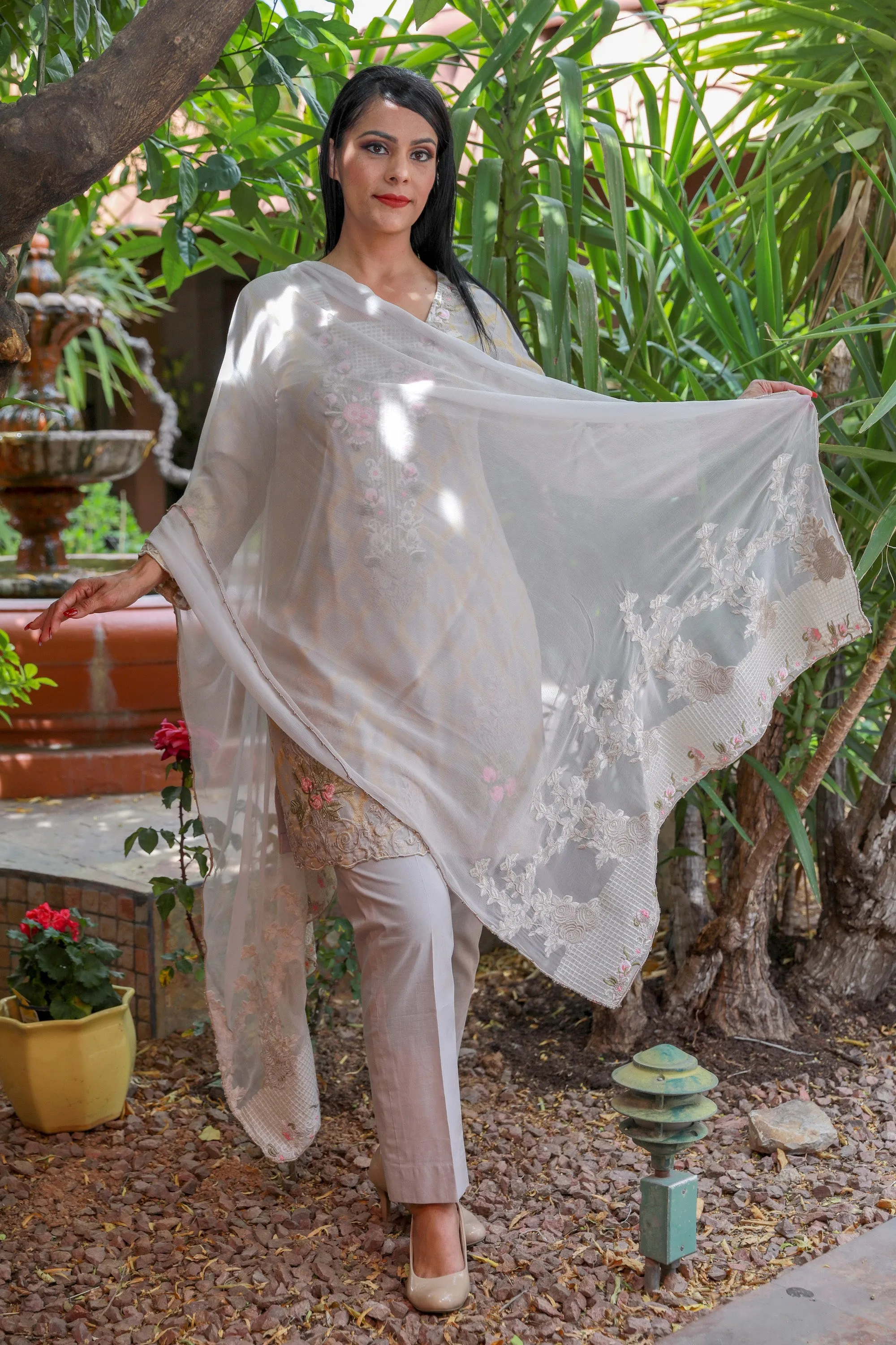 Light Pink Brocade Embroidery Salwar Kameez Suit - Chiffon Shawl