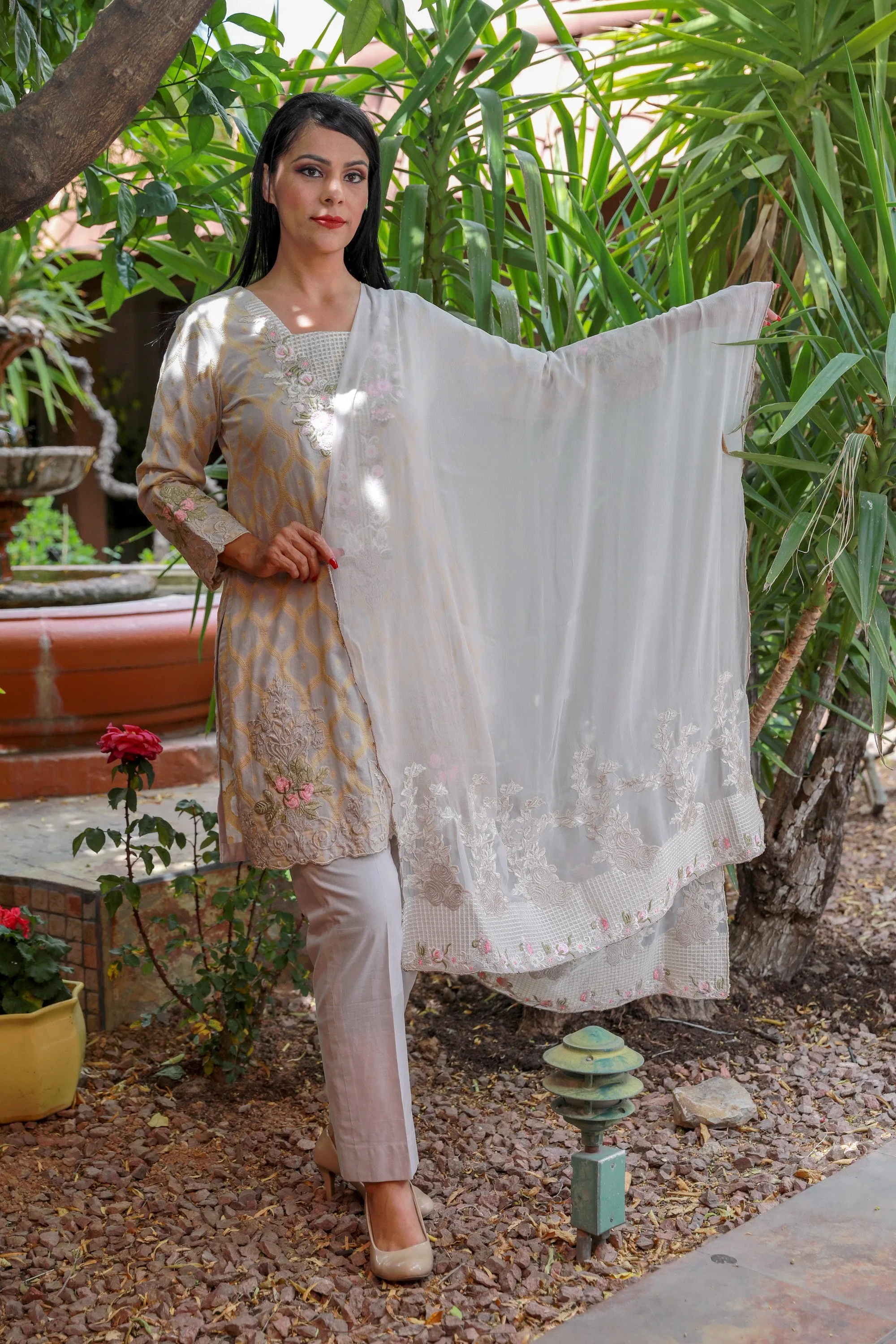 Light Pink Brocade Embroidery Salwar Kameez Suit - Chiffon Shawl