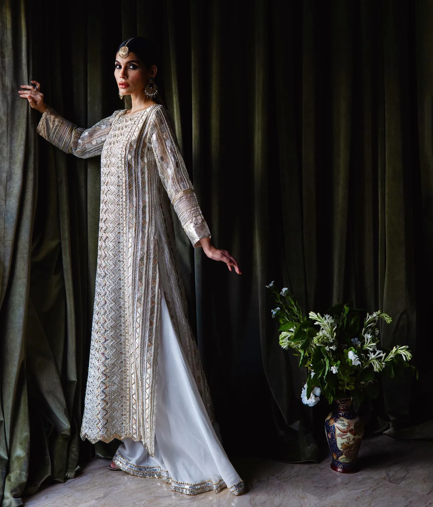 Long Kameez Sharara Pakistani Wedding Dress in White