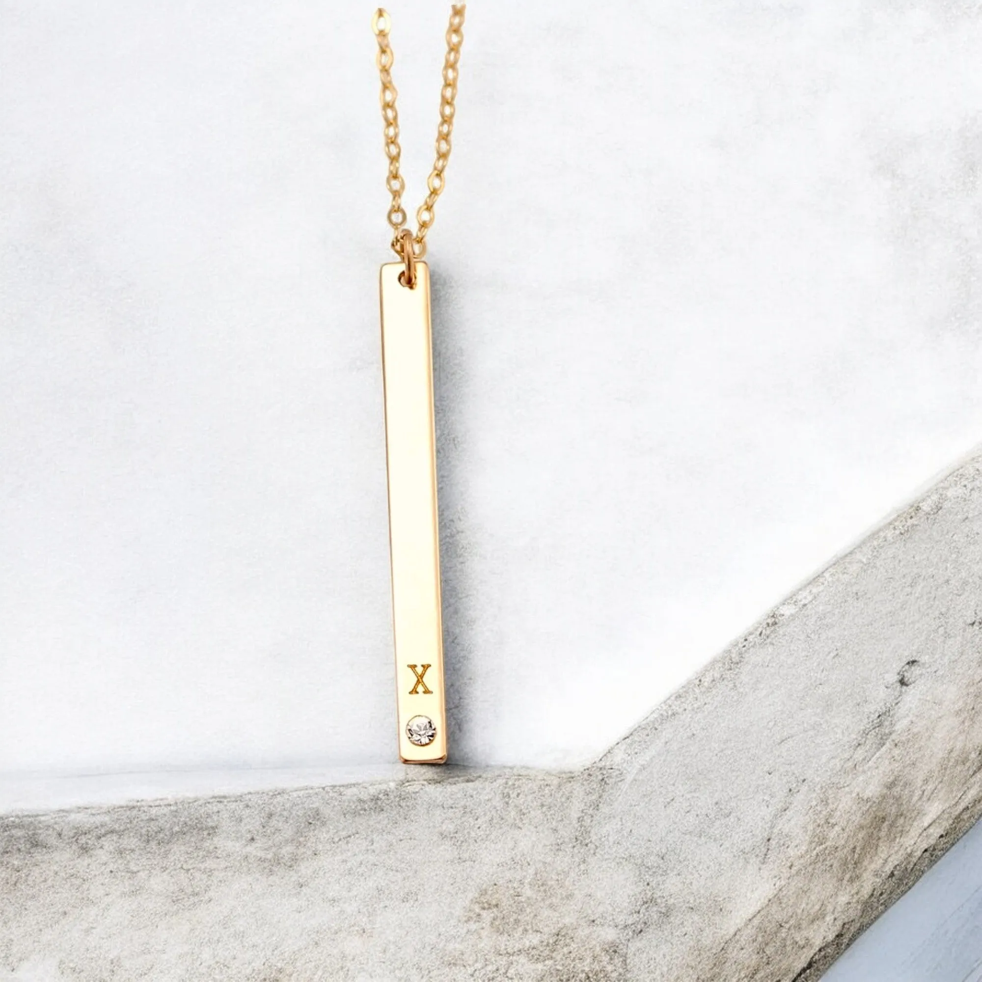 Long Skinny Vertical Bar Necklace With Crystal Diamond