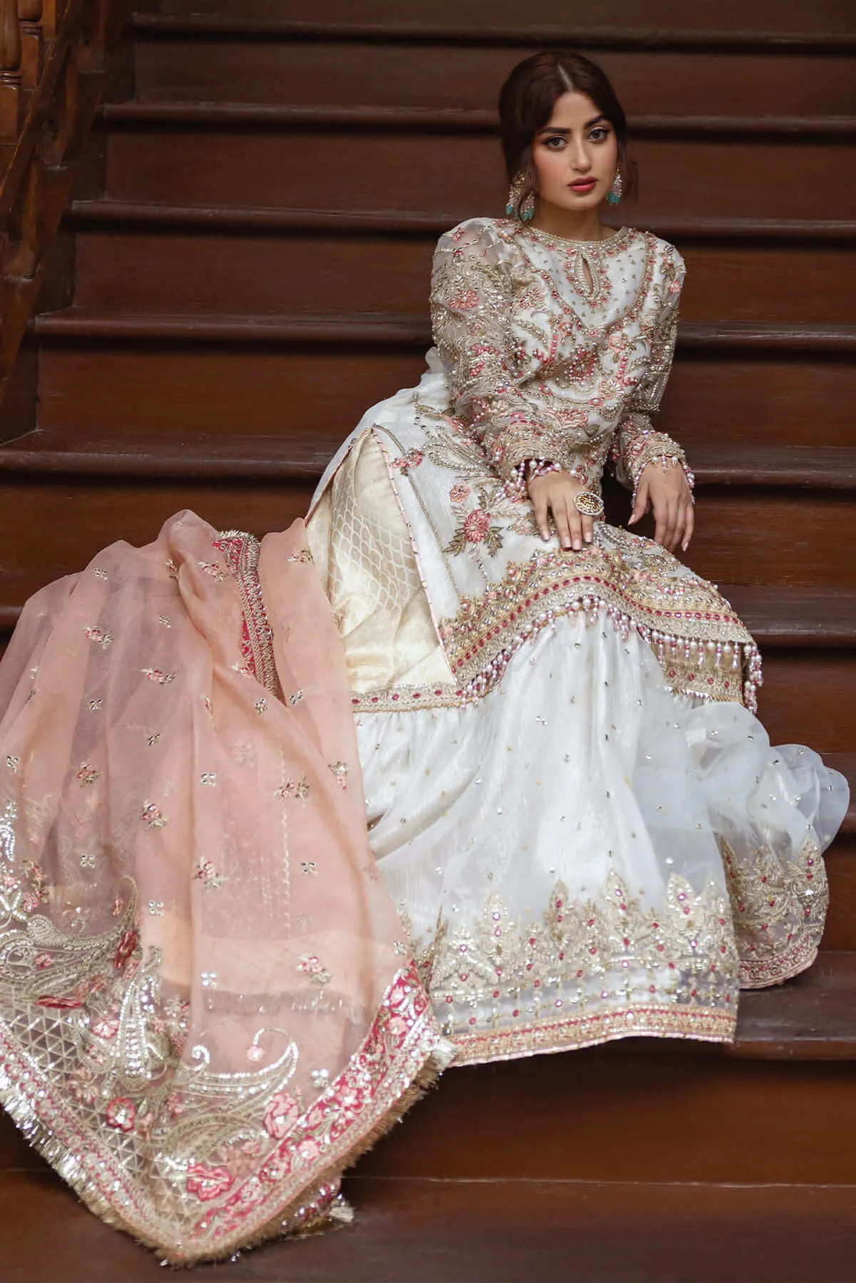 Luxury Ivory Kameez Gharara Heavily Embellished Pakistani Wedding Dress