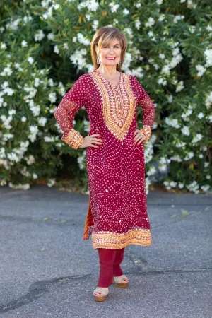 Maroon Chiffon Salwar Kameez Suit with Embroidery