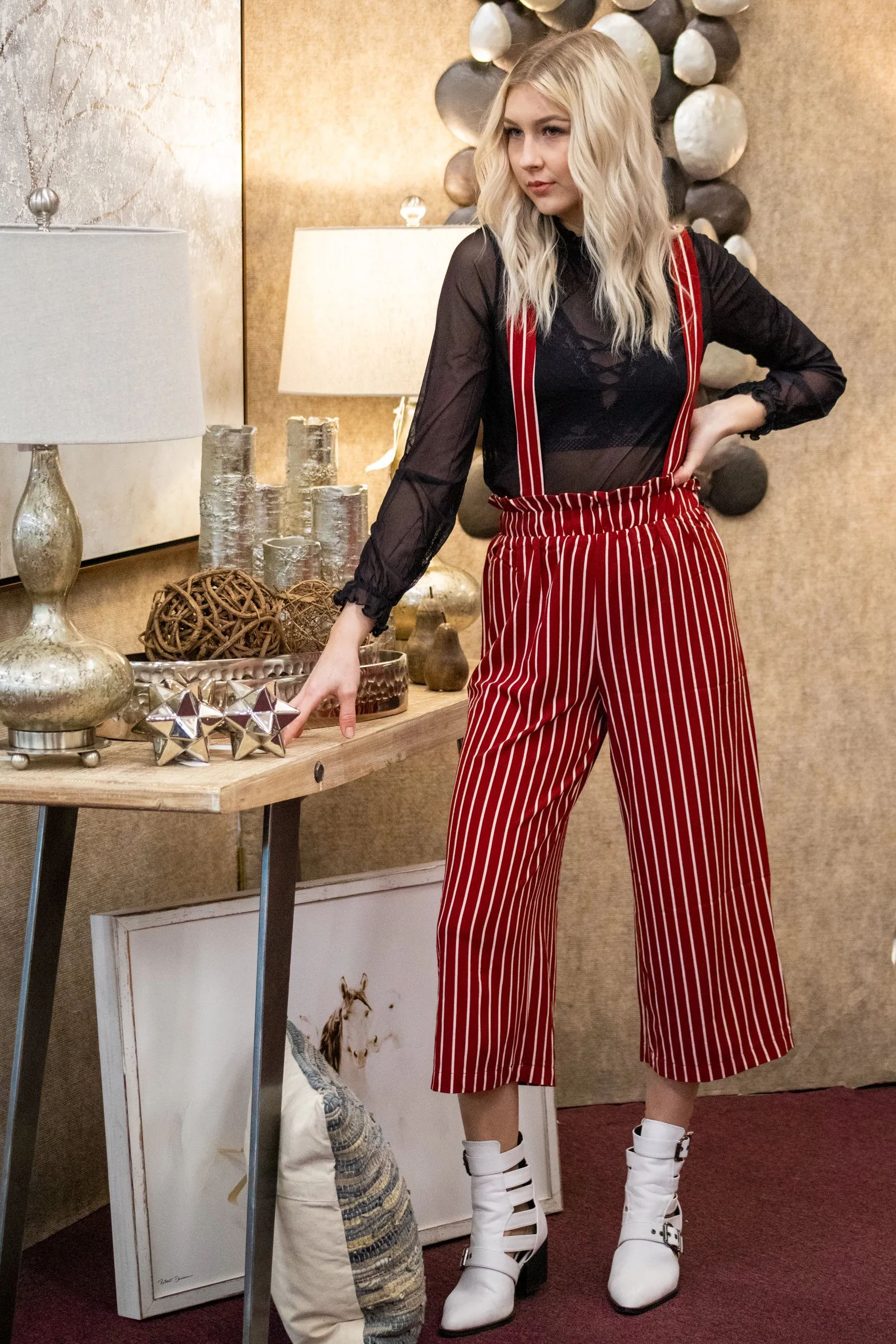 Marsala Striped Suspender Pants
