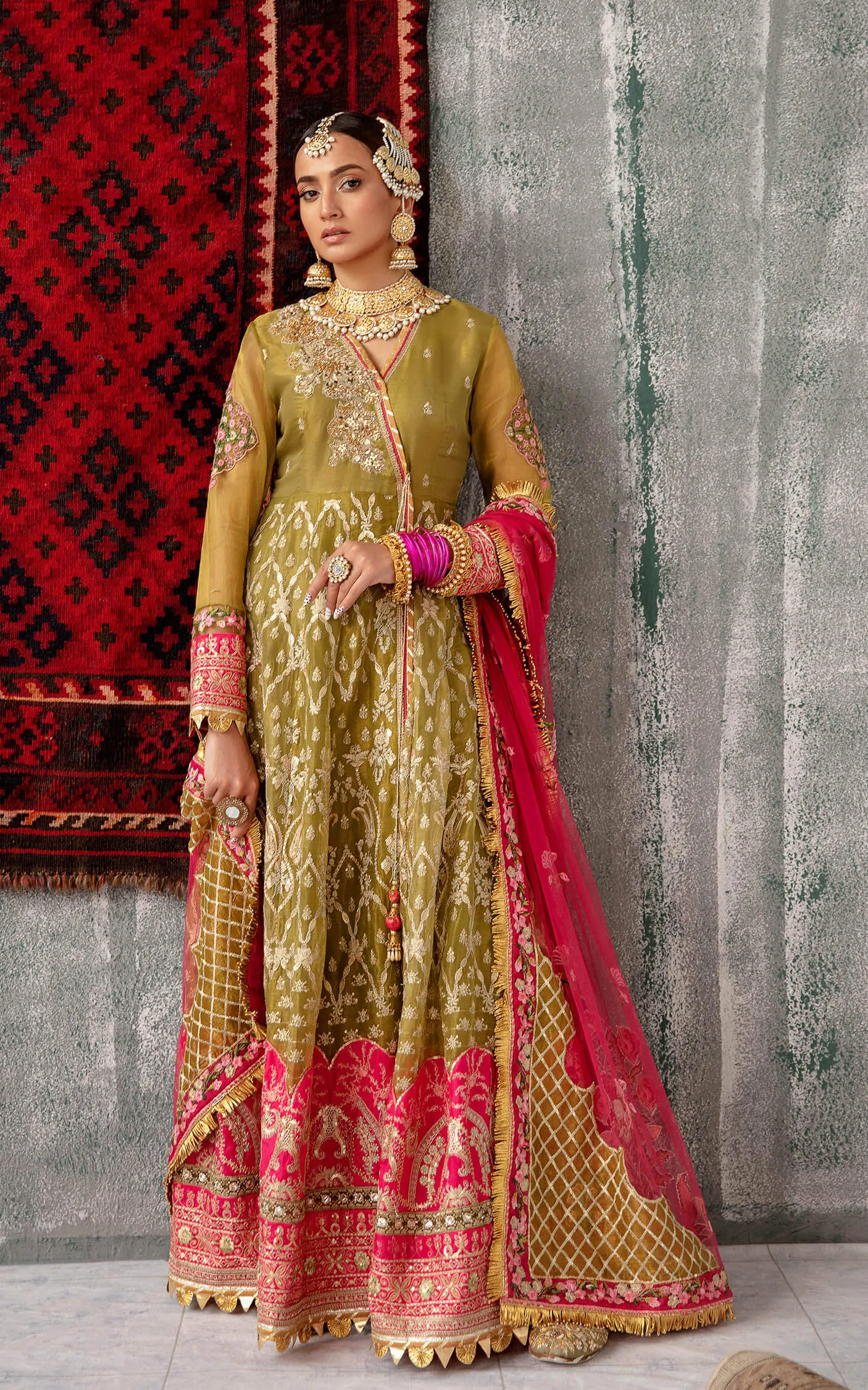 Mehndi Green Embellished Pishwas Style Pakistani Wedding Dress