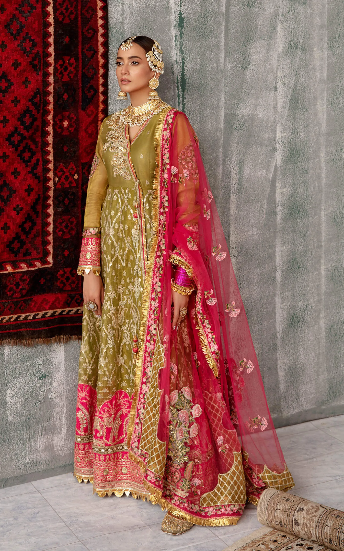 Mehndi Green Embellished Pishwas Style Pakistani Wedding Dress