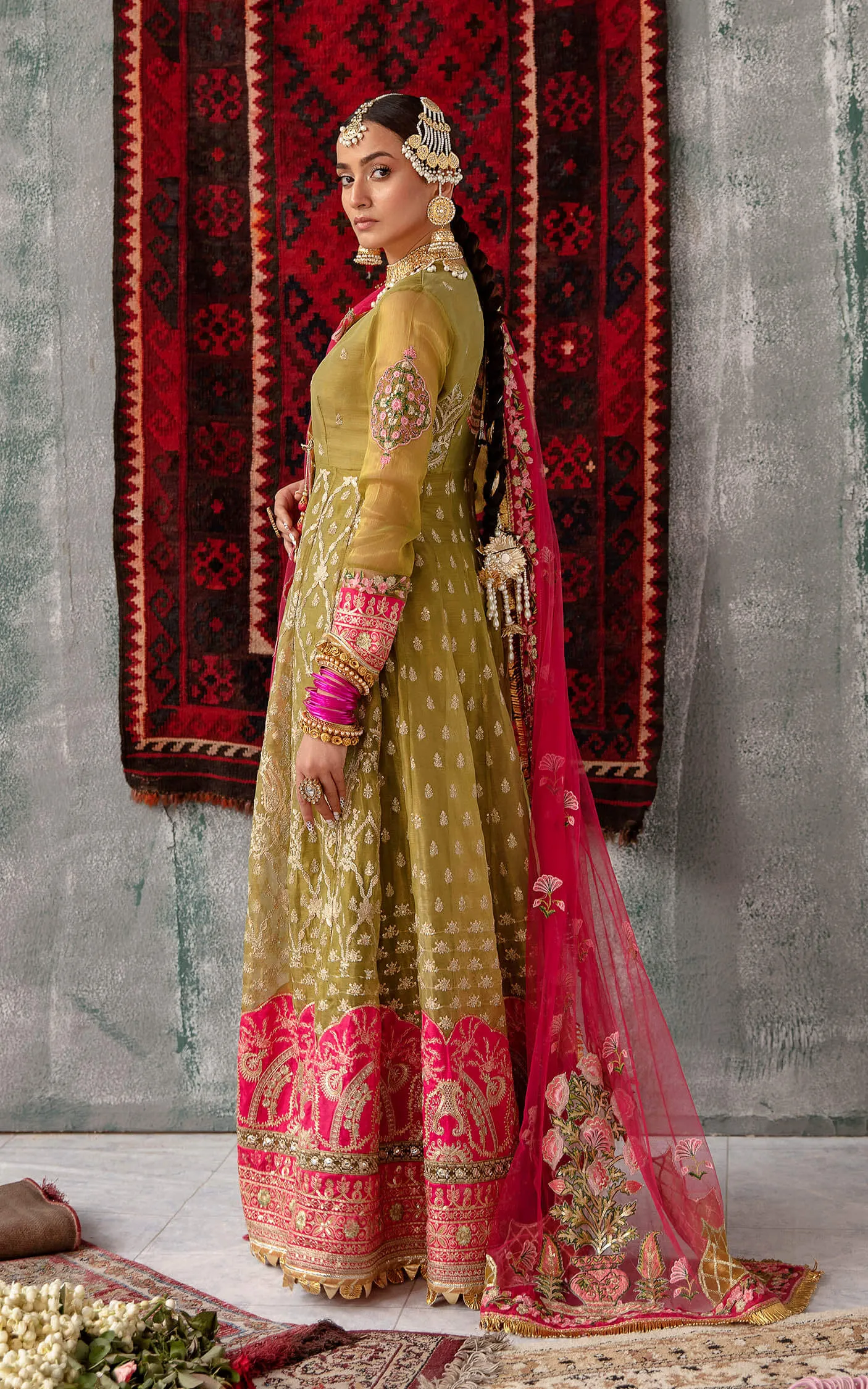 Mehndi Green Embellished Pishwas Style Pakistani Wedding Dress