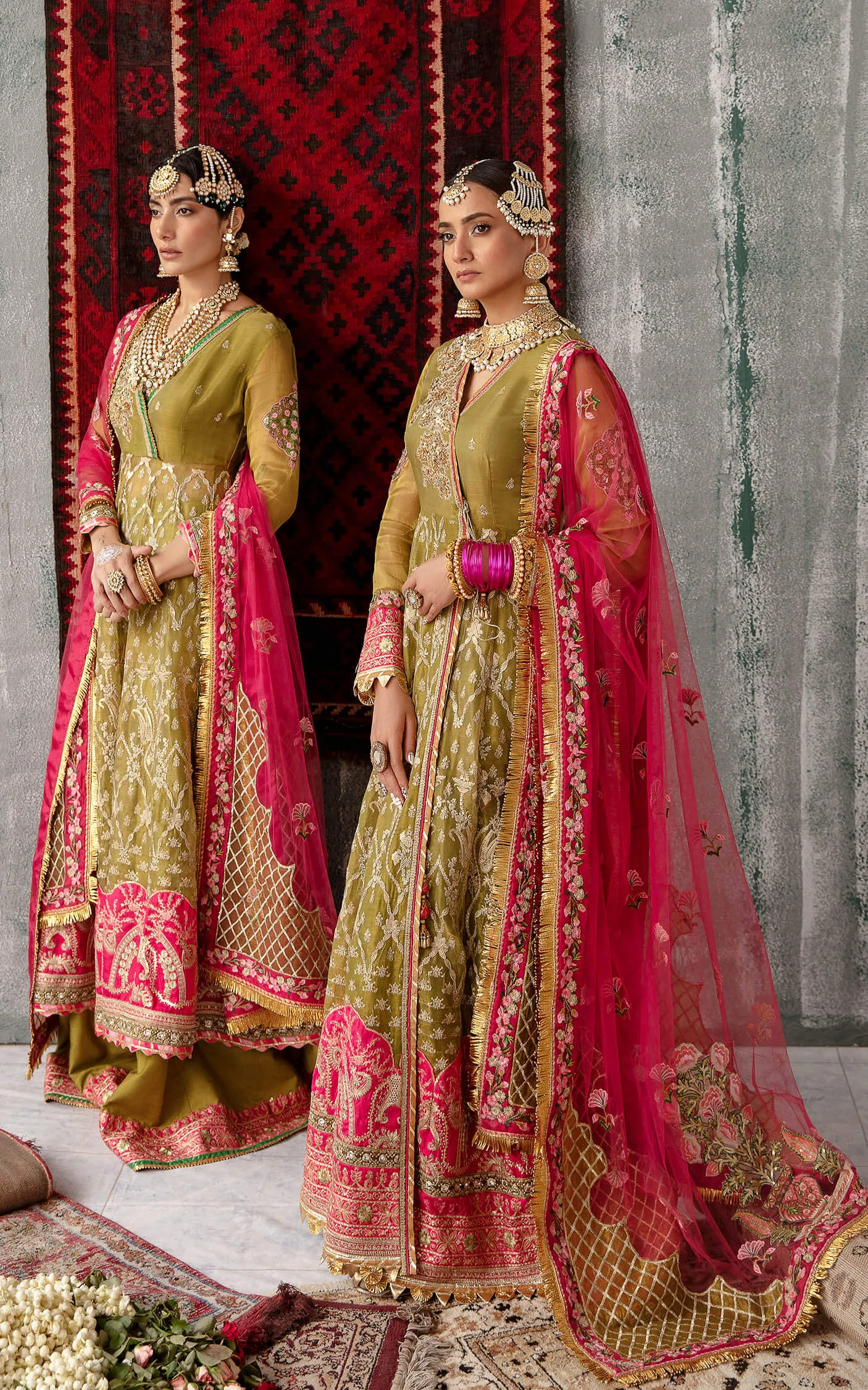 Mehndi Green Embellished Pishwas Style Pakistani Wedding Dress