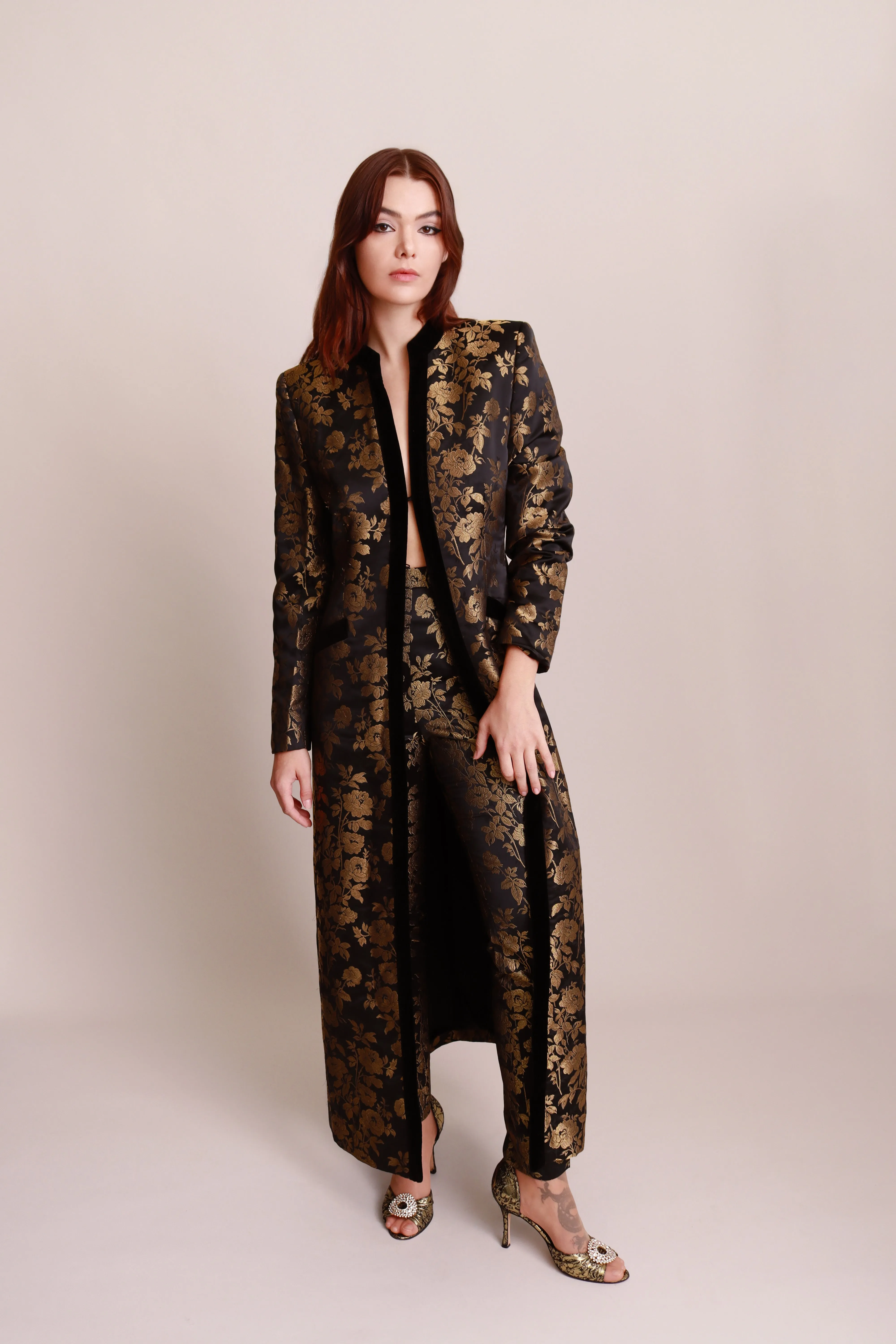 Metallic Floral Brocade Duster & Pant Set