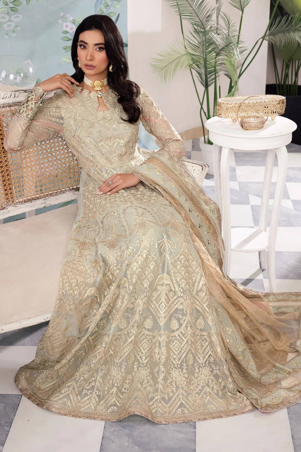 Mint Green Shade Gold Embellished Pakistani Wedding Dress Pishwas