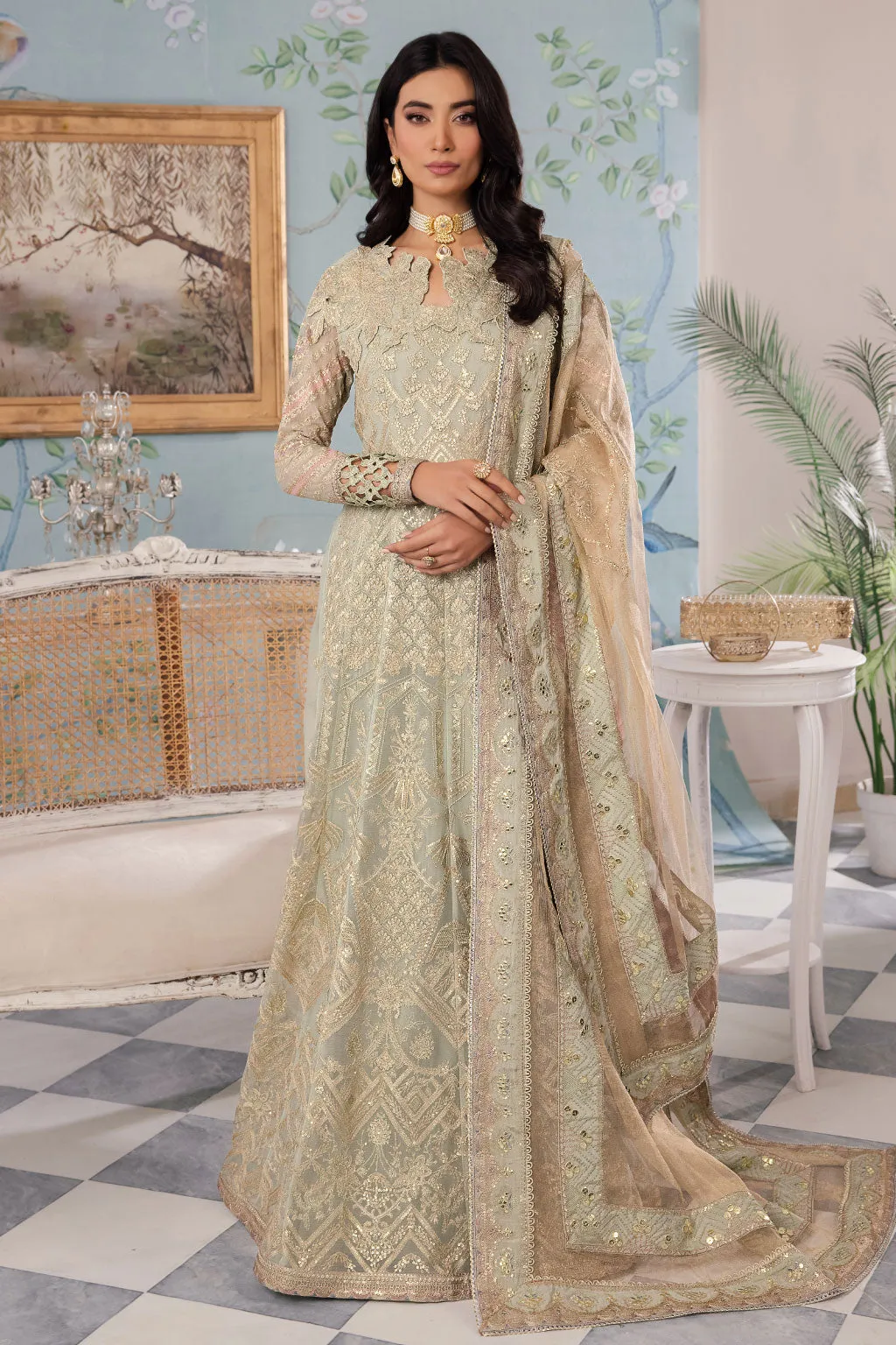 Mint Green Shade Gold Embellished Pakistani Wedding Dress Pishwas
