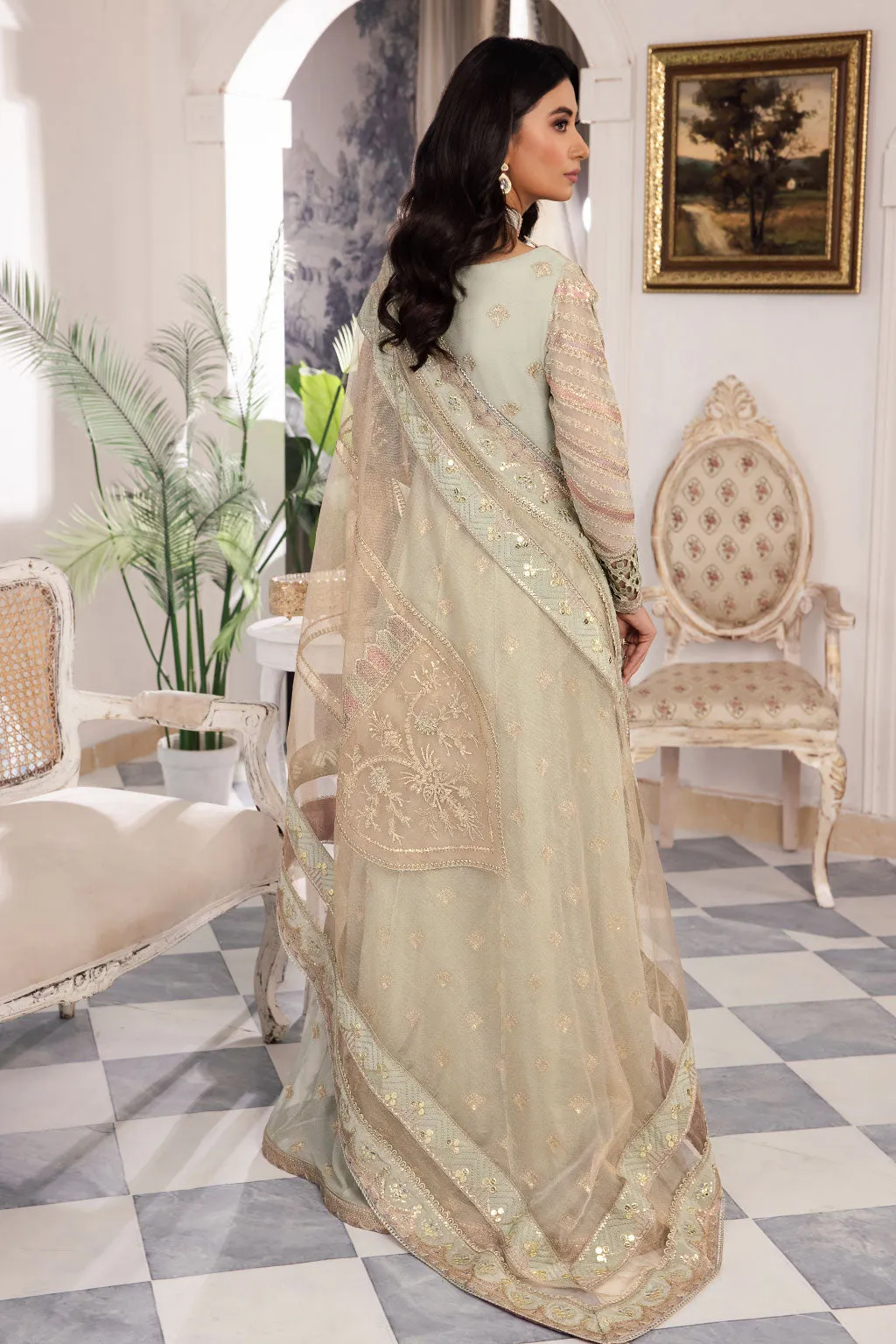 Mint Green Shade Gold Embellished Pakistani Wedding Dress Pishwas