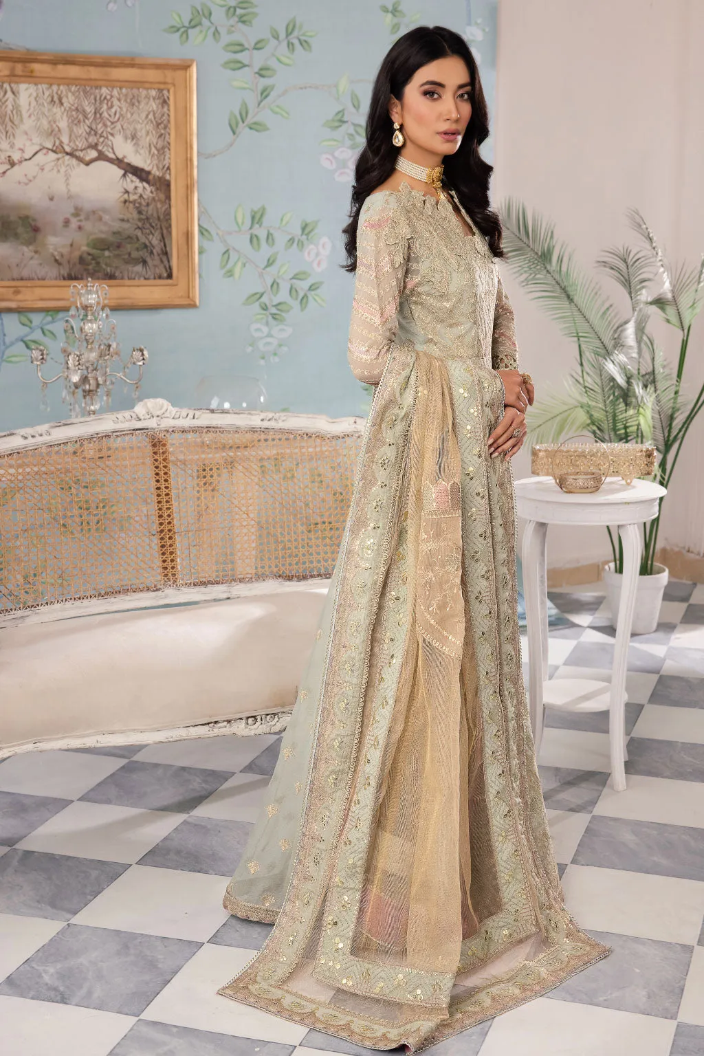 Mint Green Shade Gold Embellished Pakistani Wedding Dress Pishwas