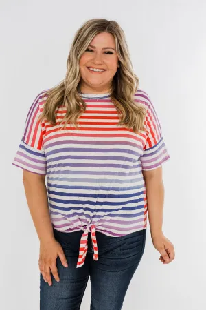 Multi Color Stripe Tie Front Top- Red, Blue, Purple