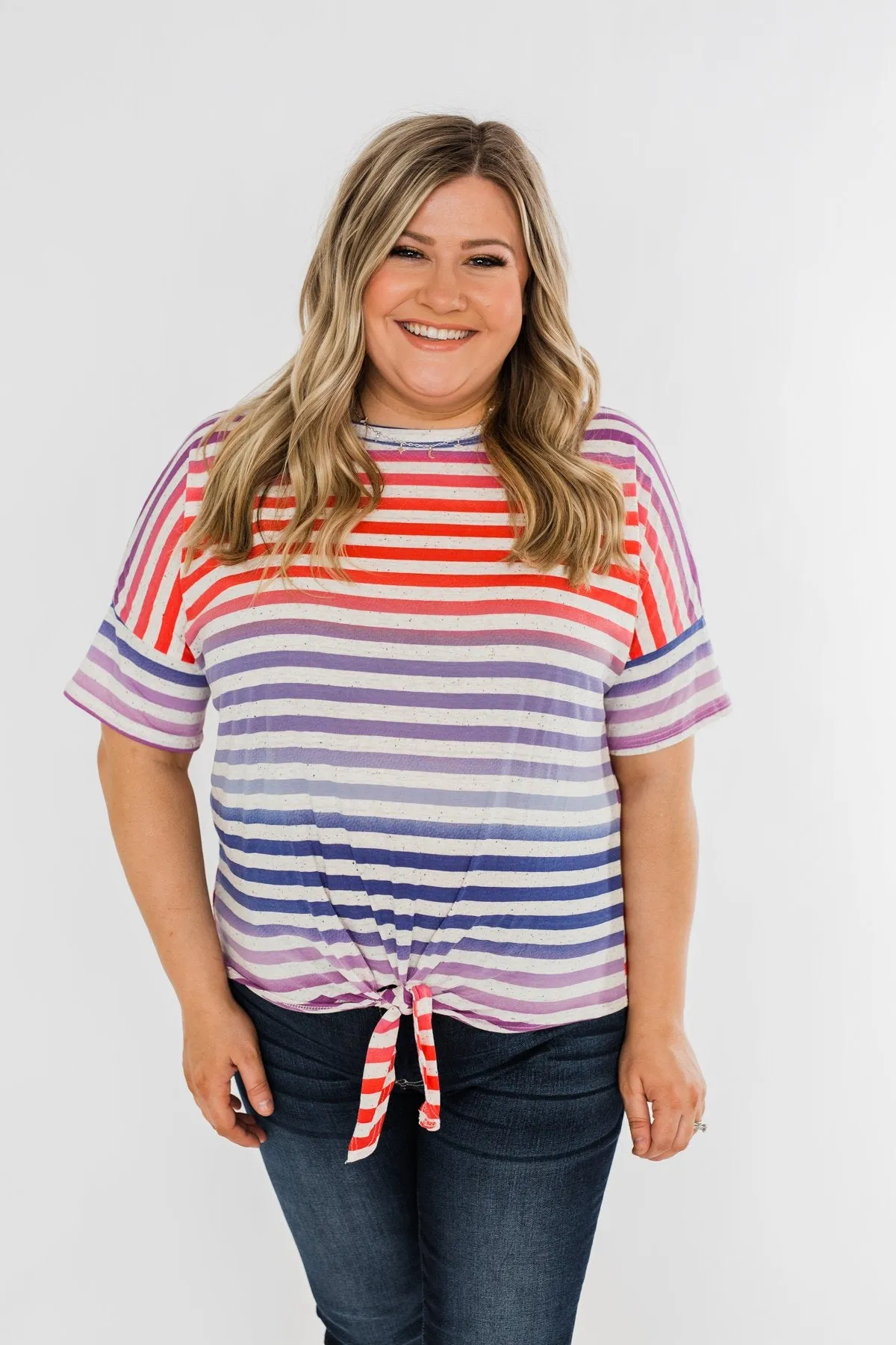 Multi Color Stripe Tie Front Top- Red, Blue, Purple