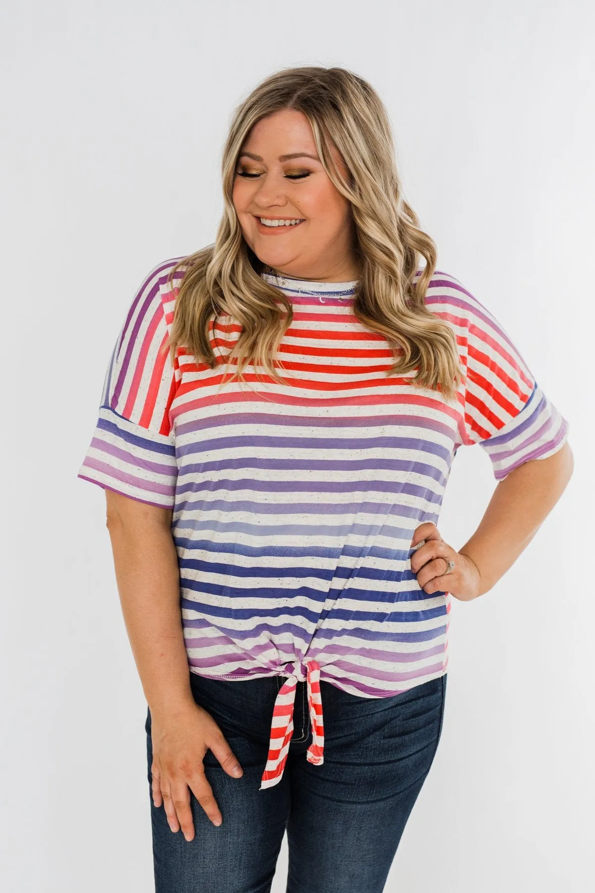 Multi Color Stripe Tie Front Top- Red, Blue, Purple