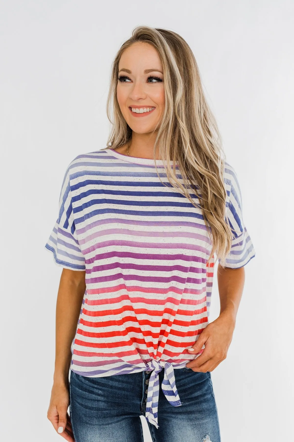 Multi Color Stripe Tie Front Top- Red, Blue, Purple