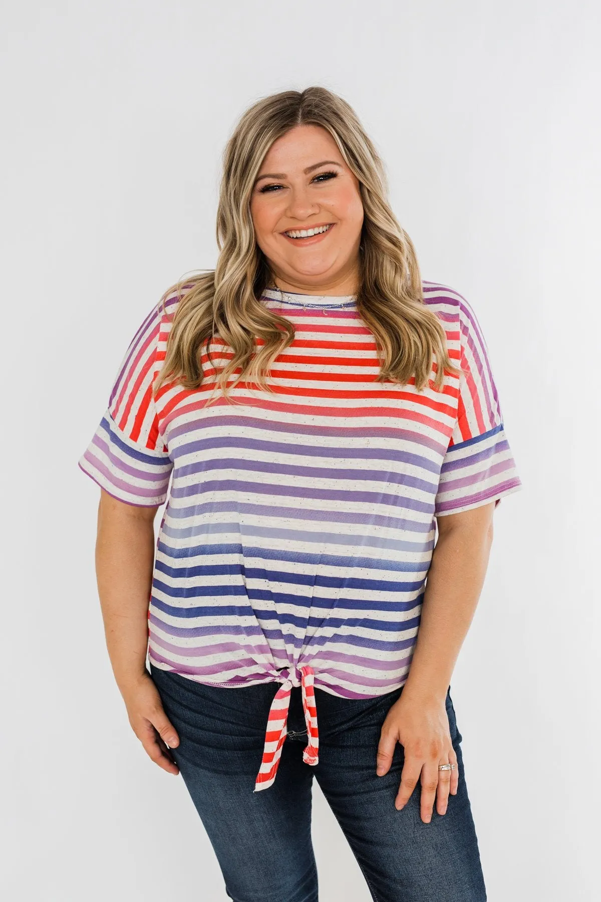 Multi Color Stripe Tie Front Top- Red, Blue, Purple