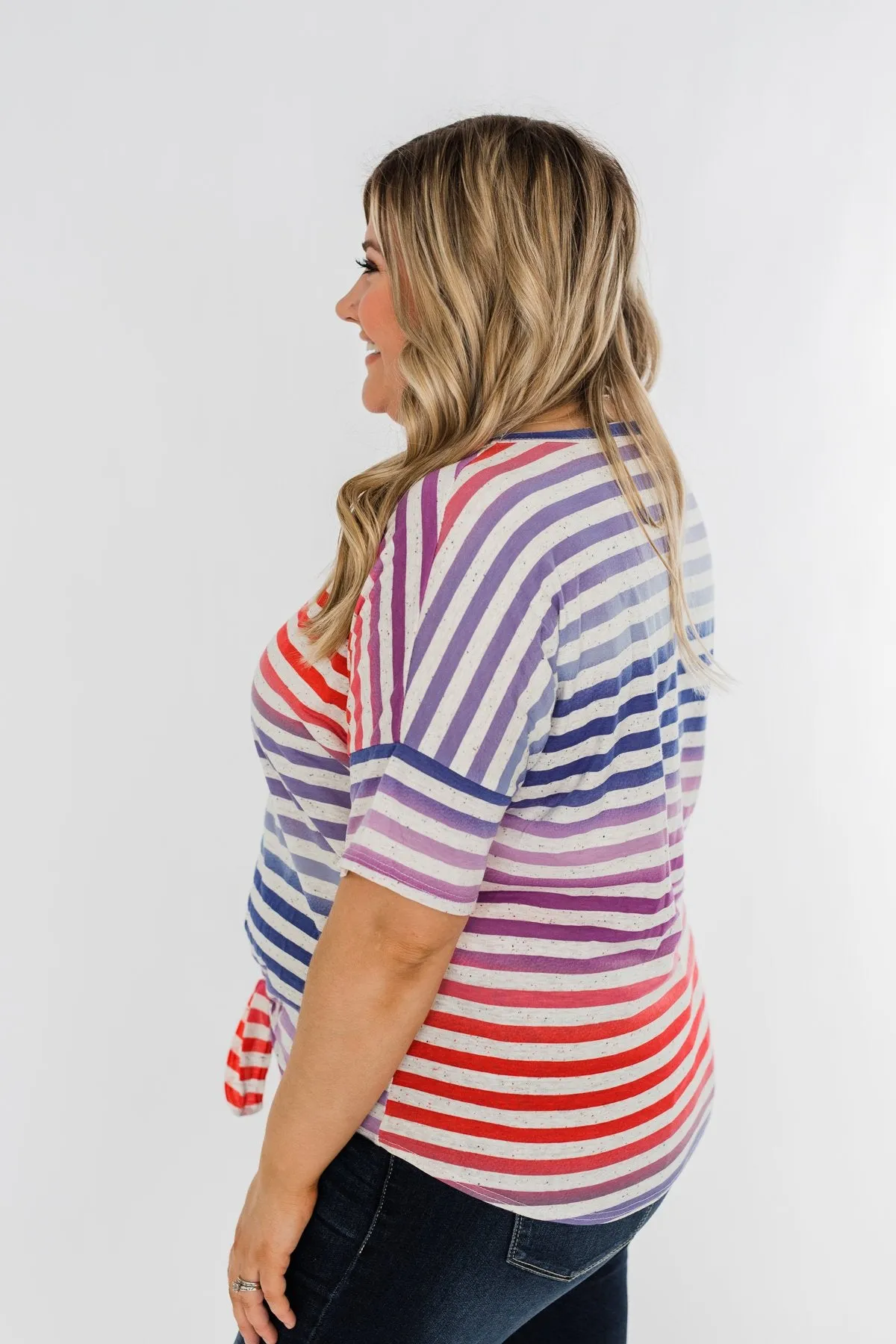 Multi Color Stripe Tie Front Top- Red, Blue, Purple