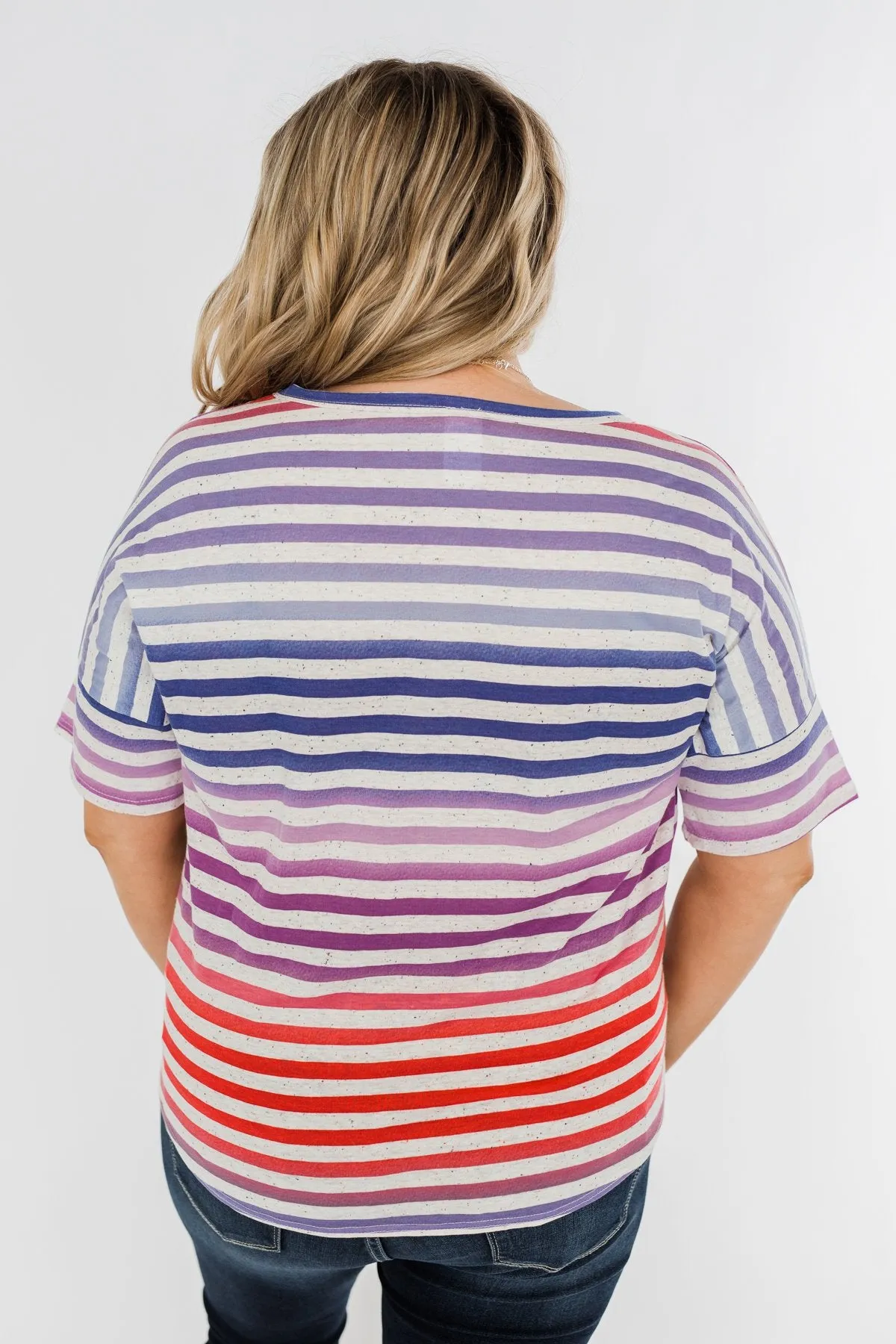 Multi Color Stripe Tie Front Top- Red, Blue, Purple