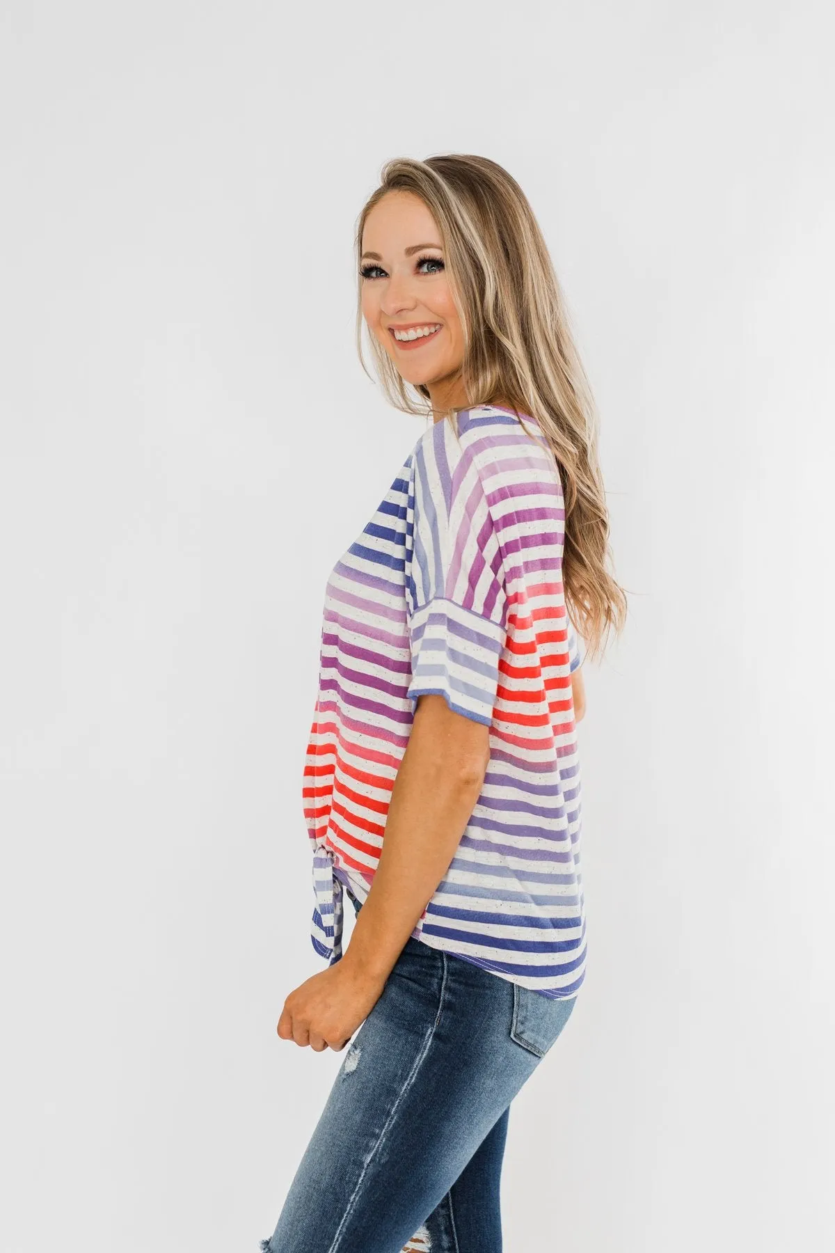 Multi Color Stripe Tie Front Top- Red, Blue, Purple