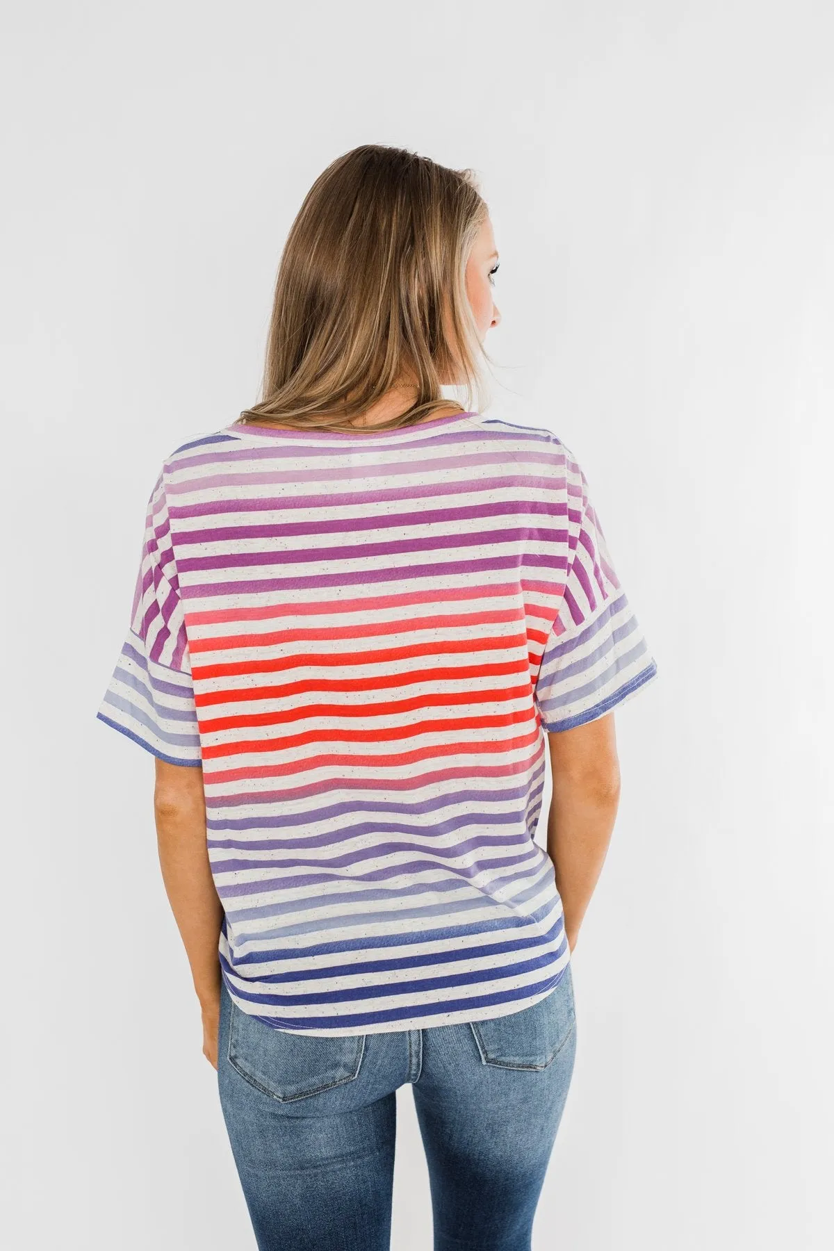Multi Color Stripe Tie Front Top- Red, Blue, Purple