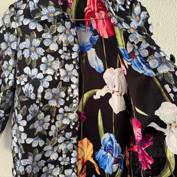 NEW Forget Me Not Pattern Brocade A-Line Coat Longline Button Sam Chen Size M/L