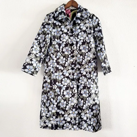 NEW Forget Me Not Pattern Brocade A-Line Coat Longline Button Sam Chen Size M/L
