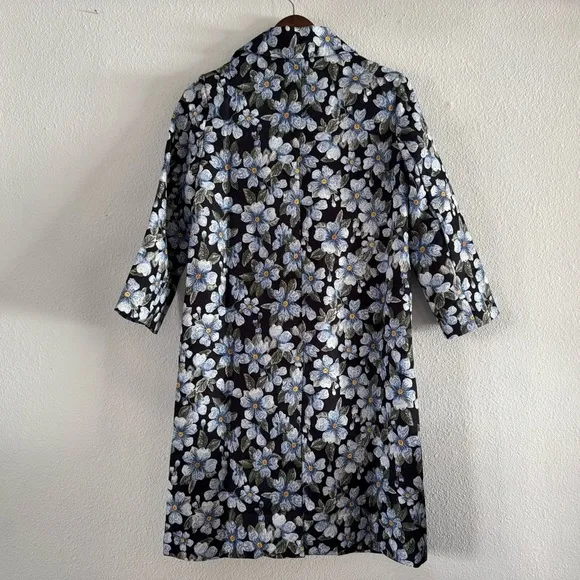 NEW Forget Me Not Pattern Brocade A-Line Coat Longline Button Sam Chen Size M/L