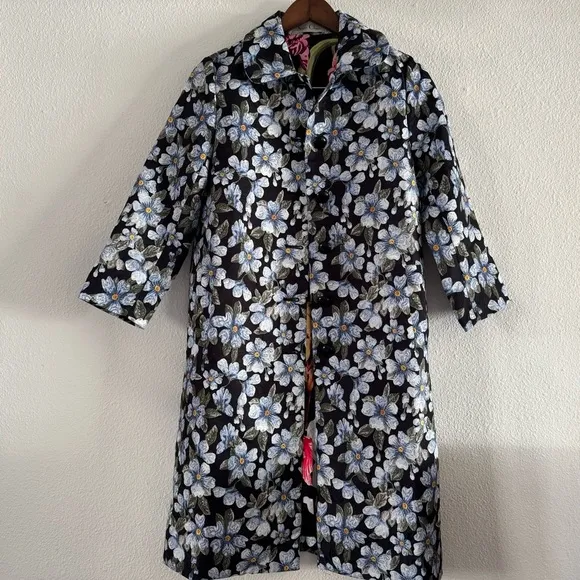 NEW Forget Me Not Pattern Brocade A-Line Coat Longline Button Sam Chen Size M/L