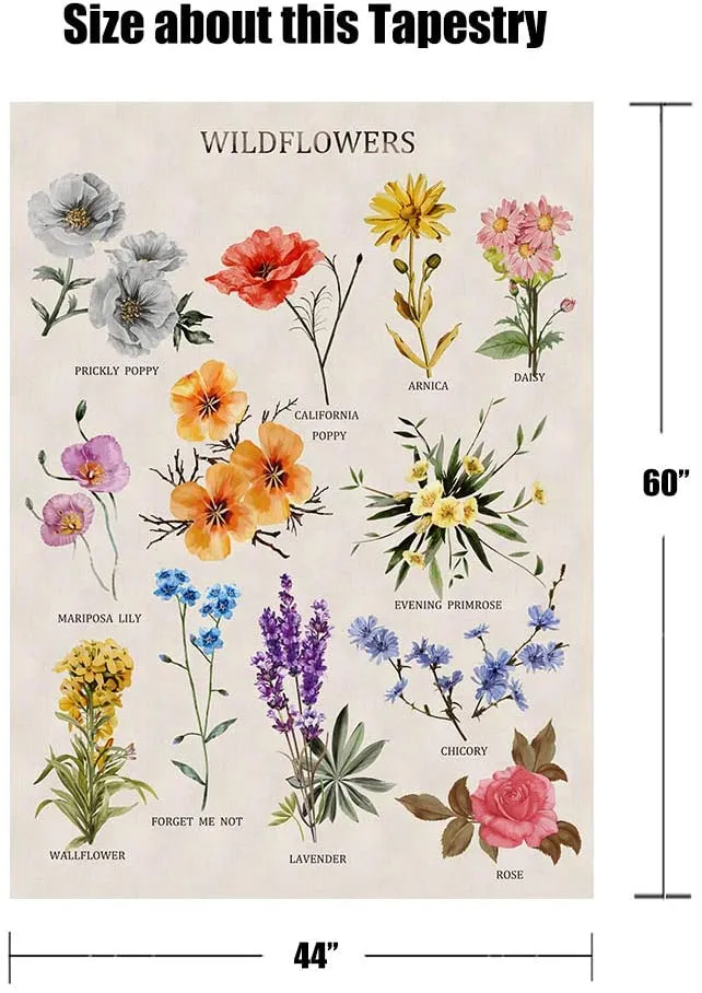 New Lifeel Wildflowers Vertical Tapestry Wall Hanging, Illustrative Reference Chart Tapestry with Words, White Vintage, 44×60 inches