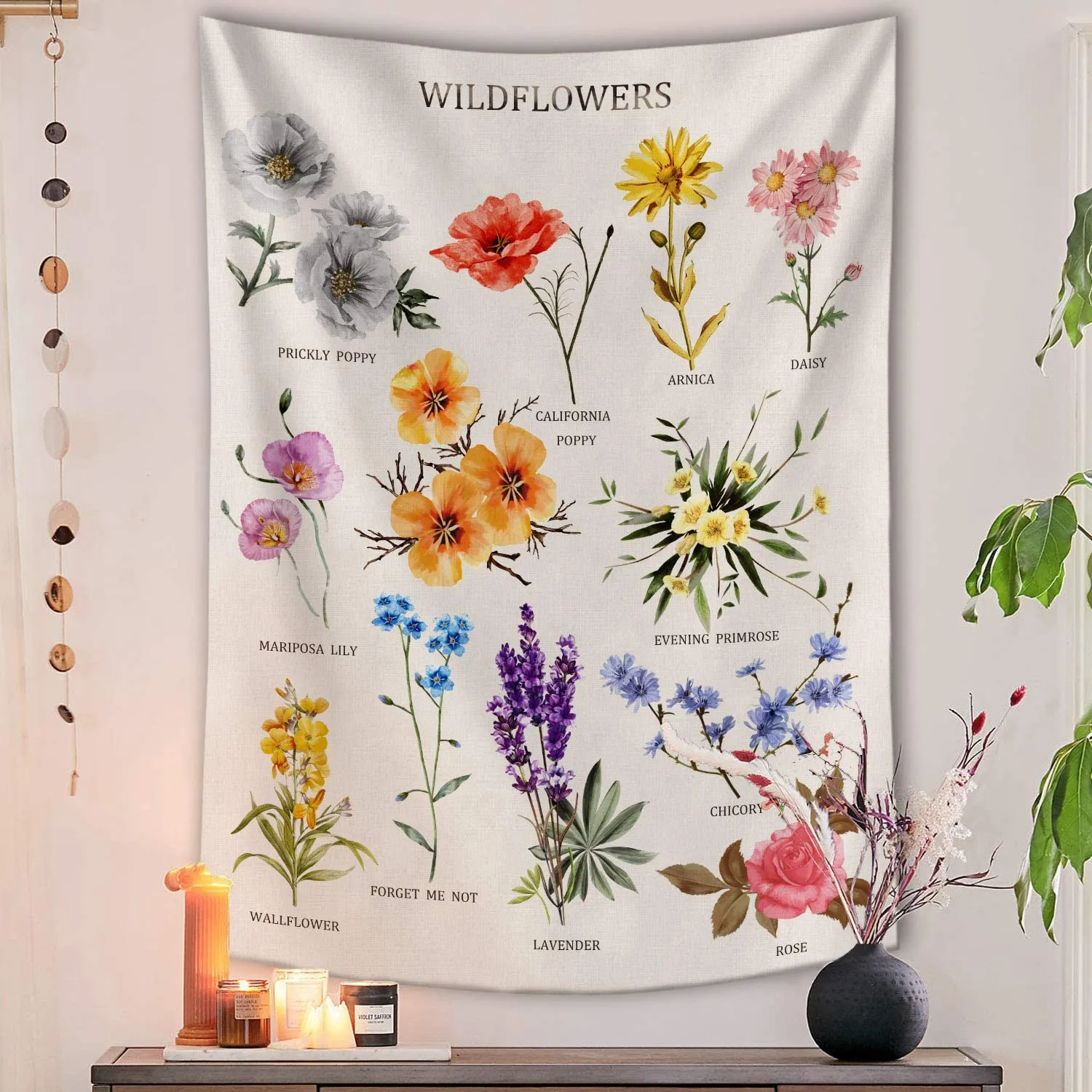New Lifeel Wildflowers Vertical Tapestry Wall Hanging, Illustrative Reference Chart Tapestry with Words, White Vintage, 44×60 inches