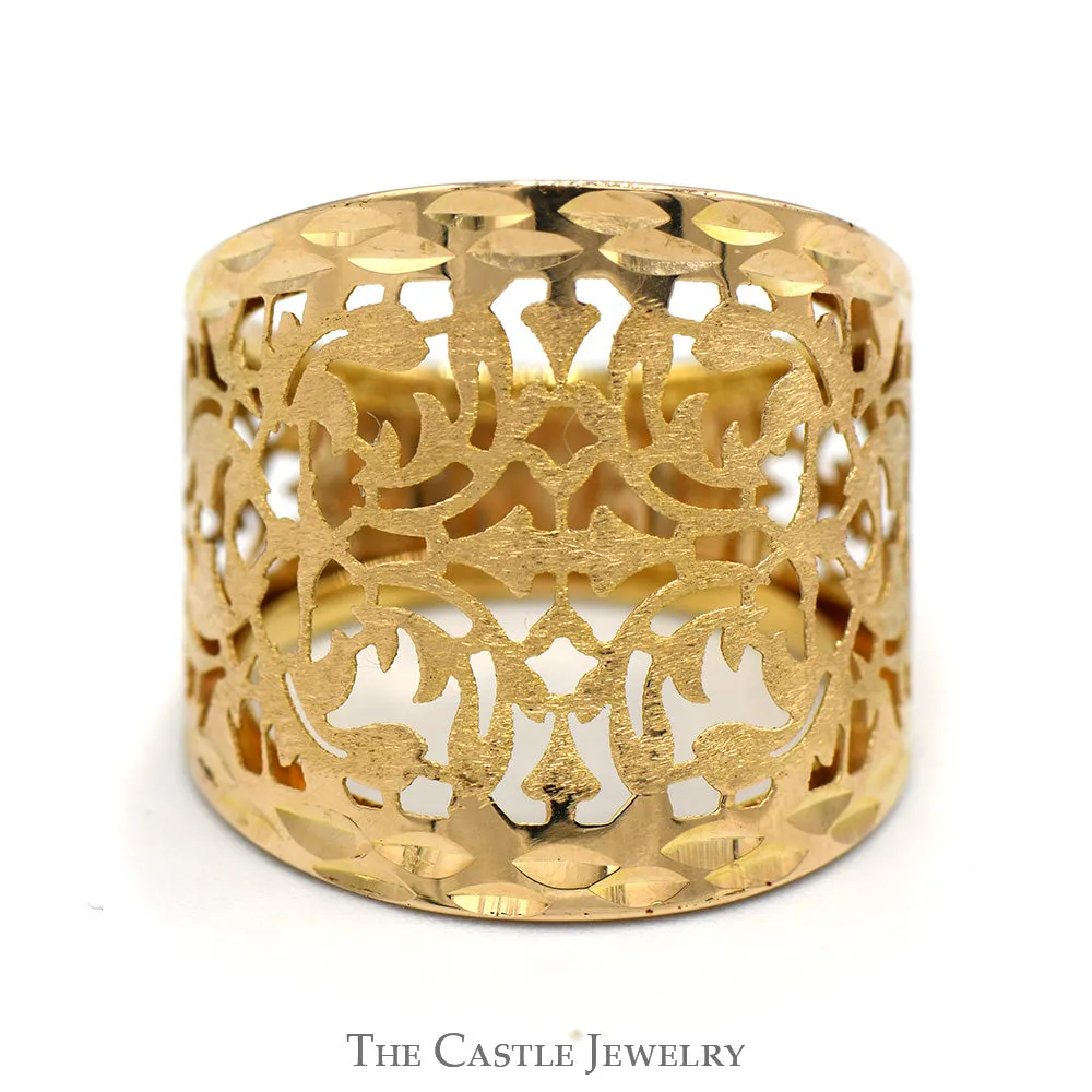 Open Filigree Designed Wide Tapered Dome Band in 14k Yellow Gold