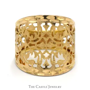 Open Filigree Designed Wide Tapered Dome Band in 14k Yellow Gold