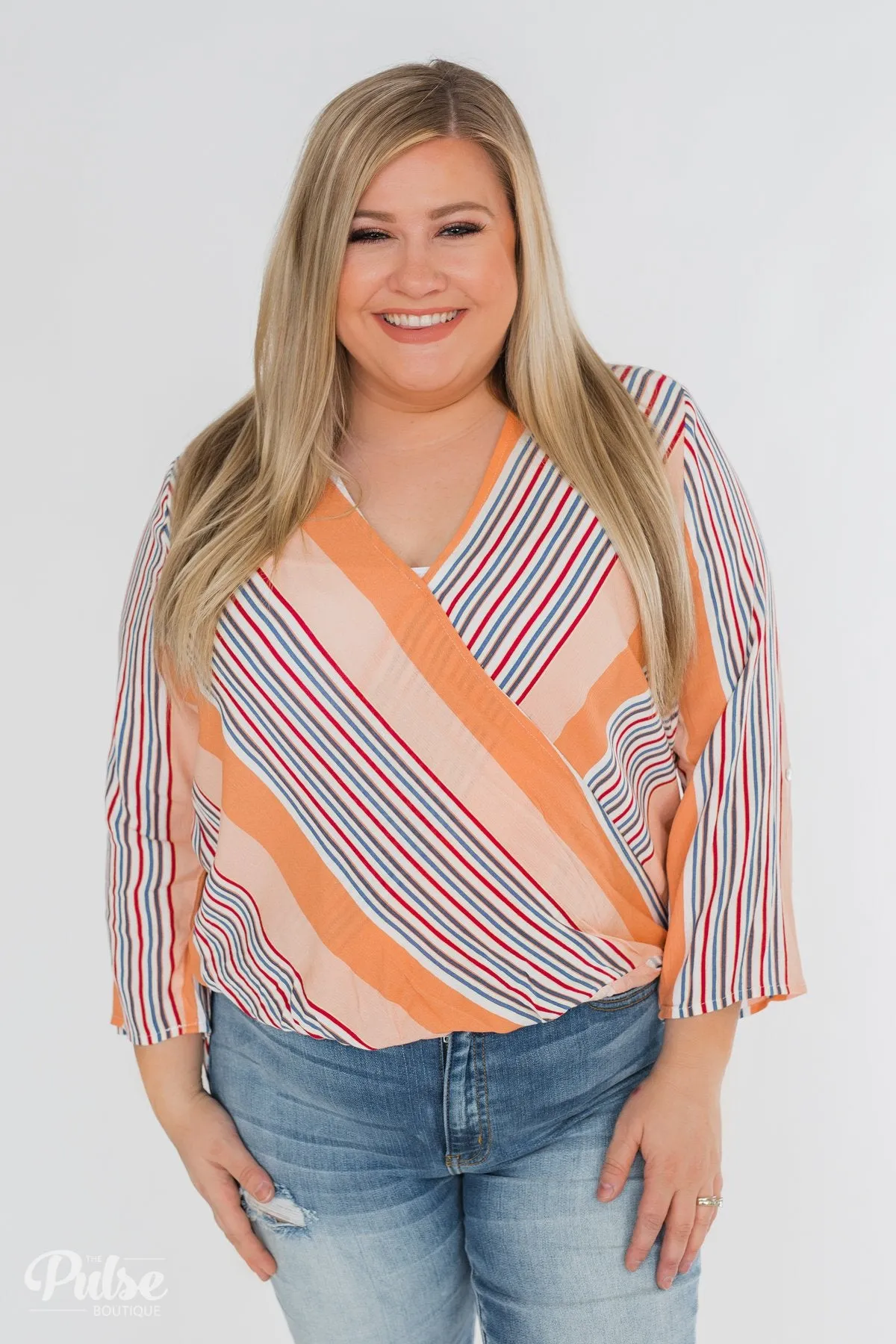 Outstanding Appearance Striped Wrap Top- Peach