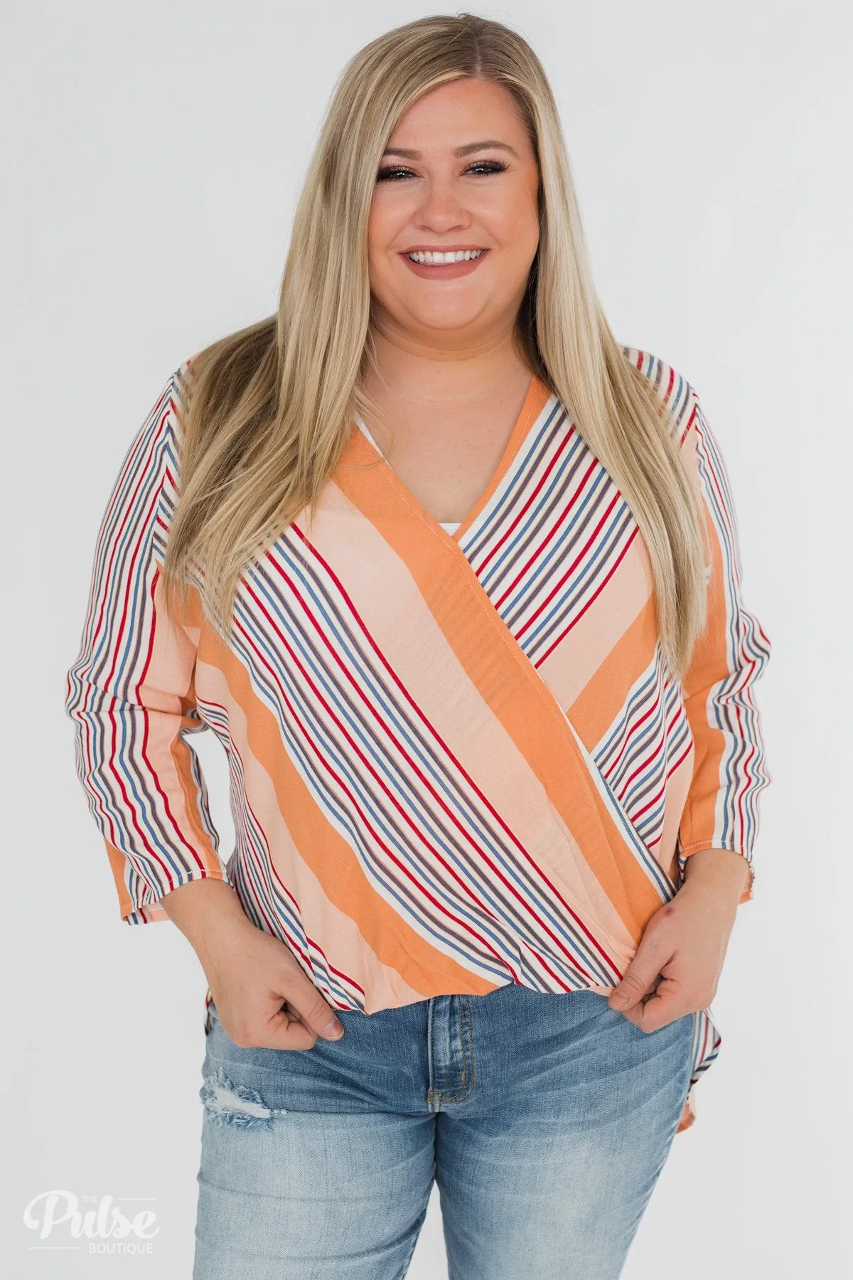 Outstanding Appearance Striped Wrap Top- Peach