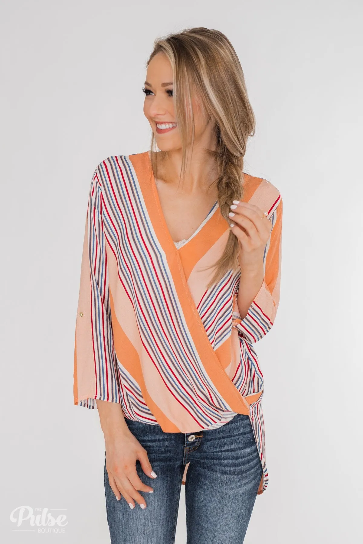 Outstanding Appearance Striped Wrap Top- Peach