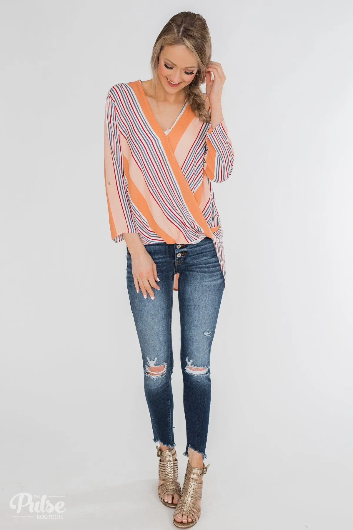 Outstanding Appearance Striped Wrap Top- Peach